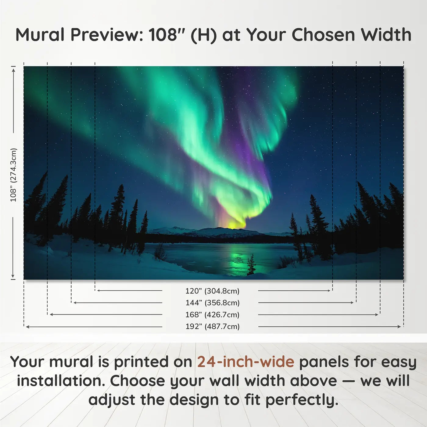 Panel layout and dimensions for Northern Light Column Wallpaper Mural by Whimsy Tots