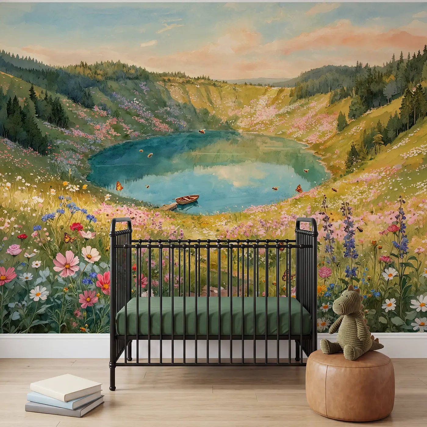 Watercolor cosmic crater flower lake wallpaper mural for boys room by Whimsy Tots