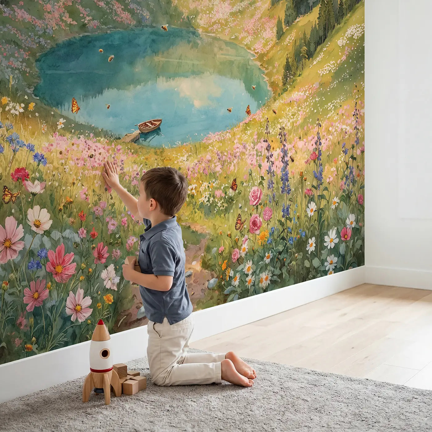 Child in nursery with Cosmic Crater Flower Lake Wallpaper Mural by Whimsy Tots