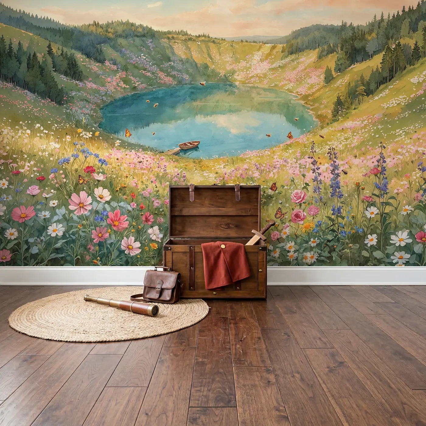 Cosmic Crater Flower Lake Wallpaper Mural in playroom setting by Whimsy Tots