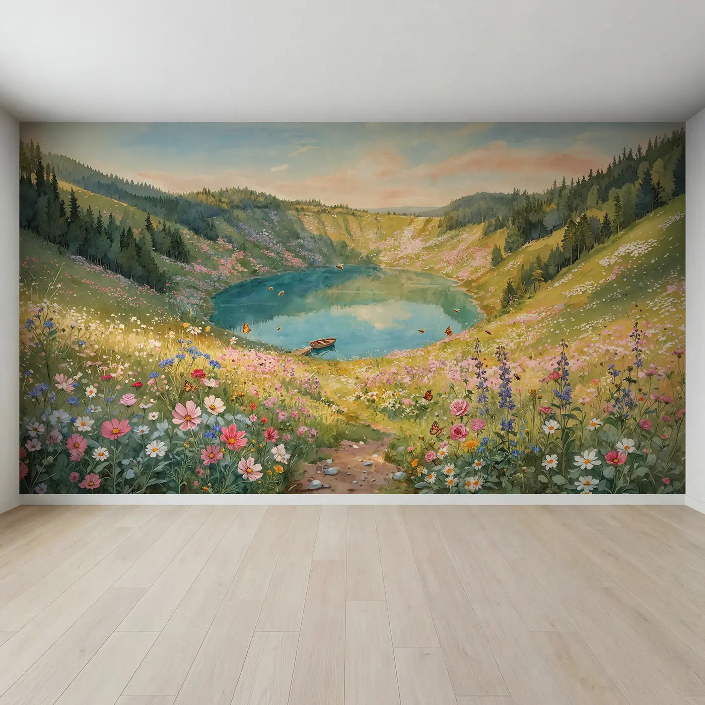 Full view of Cosmic Crater Flower Lake Wallpaper Mural by Whimsy Tots