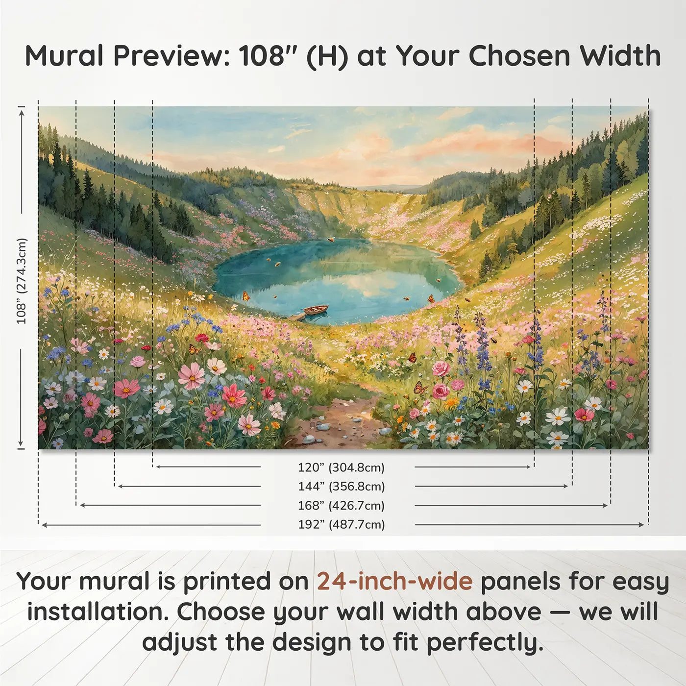 Panel layout and dimensions for Cosmic Crater Flower Lake Wallpaper Mural by Whimsy Tots