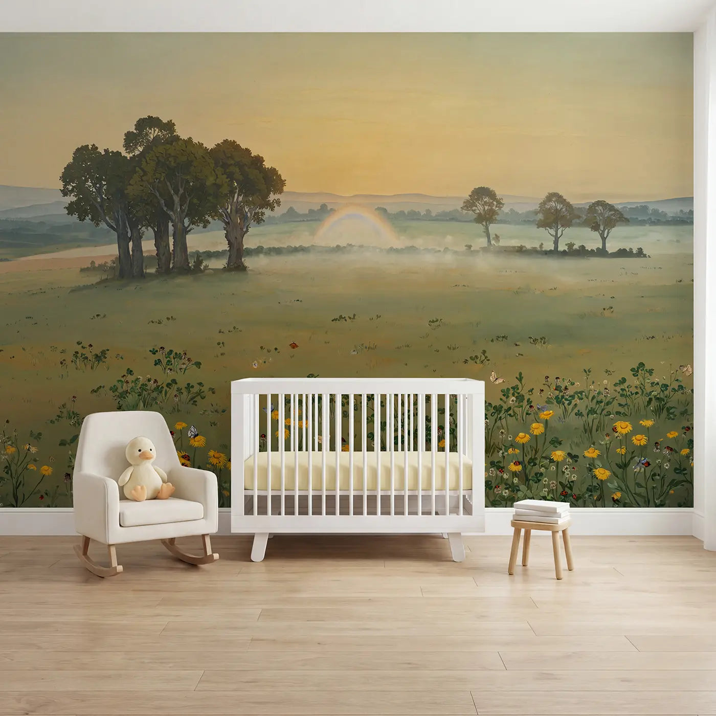 illustrated fog bow misty morning wallpaper mural for nursery by Whimsy Tots