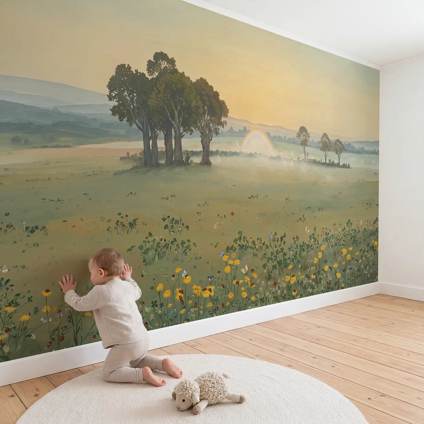 Child in nursery with Fog Bow Misty Morning Wallpaper Mural by Whimsy Tots