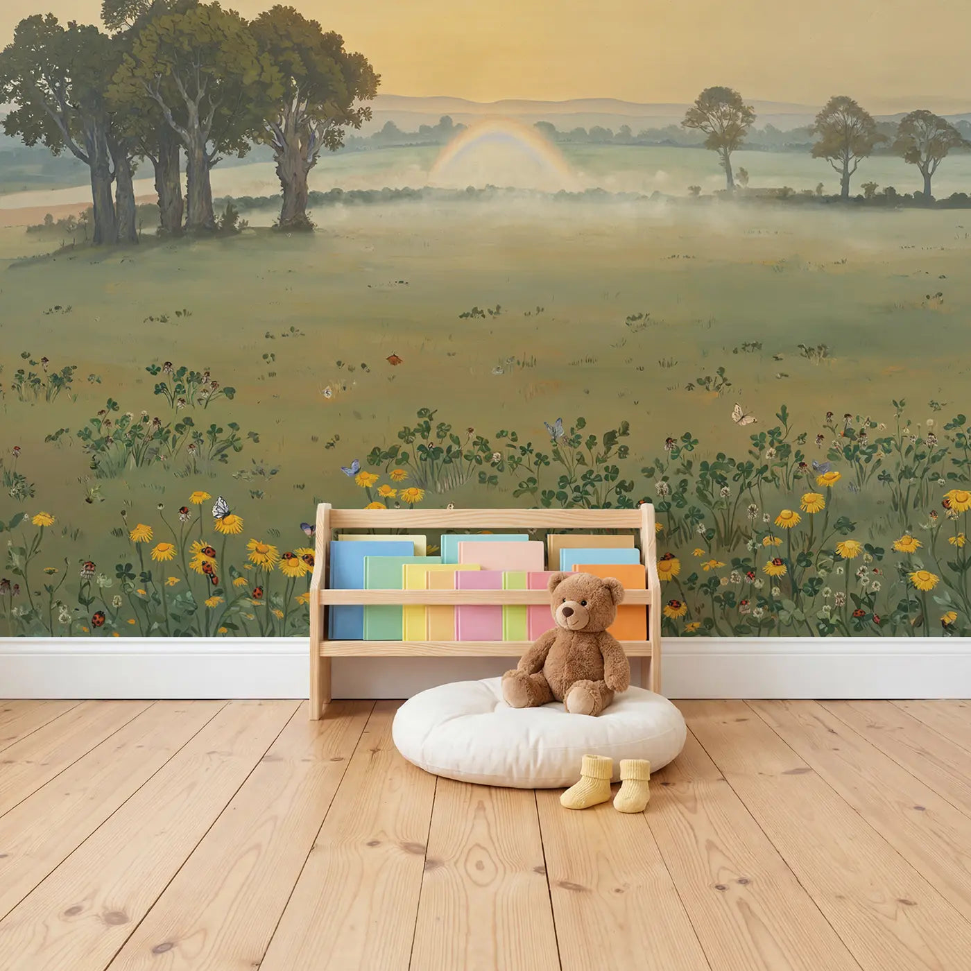 Fog Bow Misty Morning Wallpaper Mural in playroom setting by Whimsy Tots