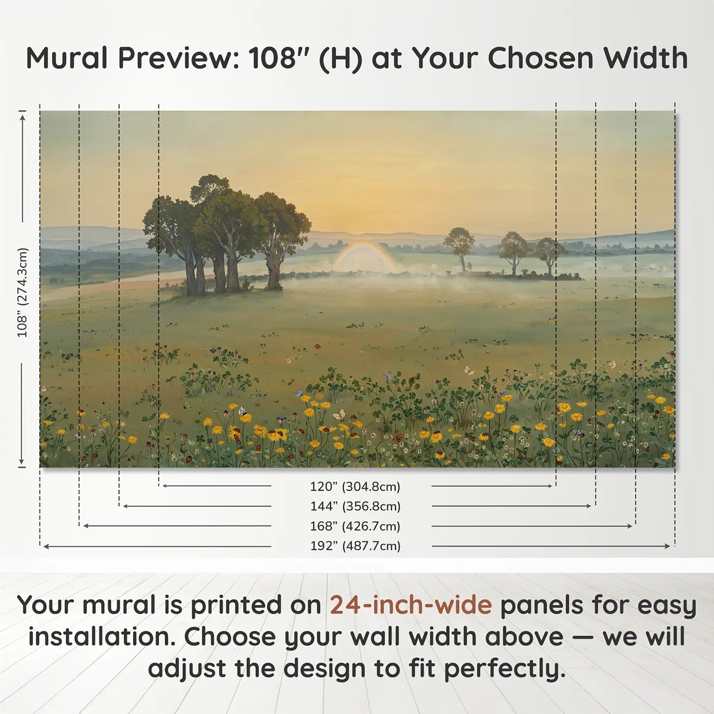 Panel layout and dimensions for Fog Bow Misty Morning Wallpaper Mural by Whimsy Tots