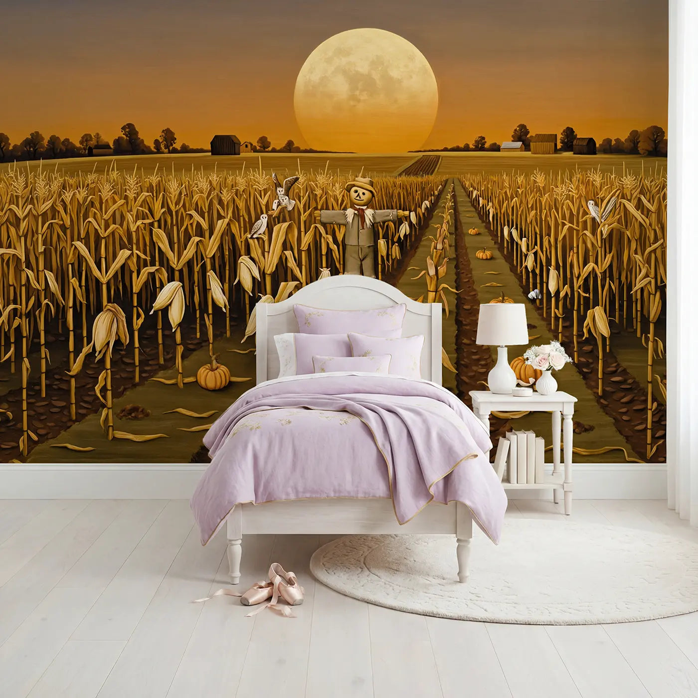 modern illustration harvest moon autumn cornfield mural for girls room by Whimsy Tots