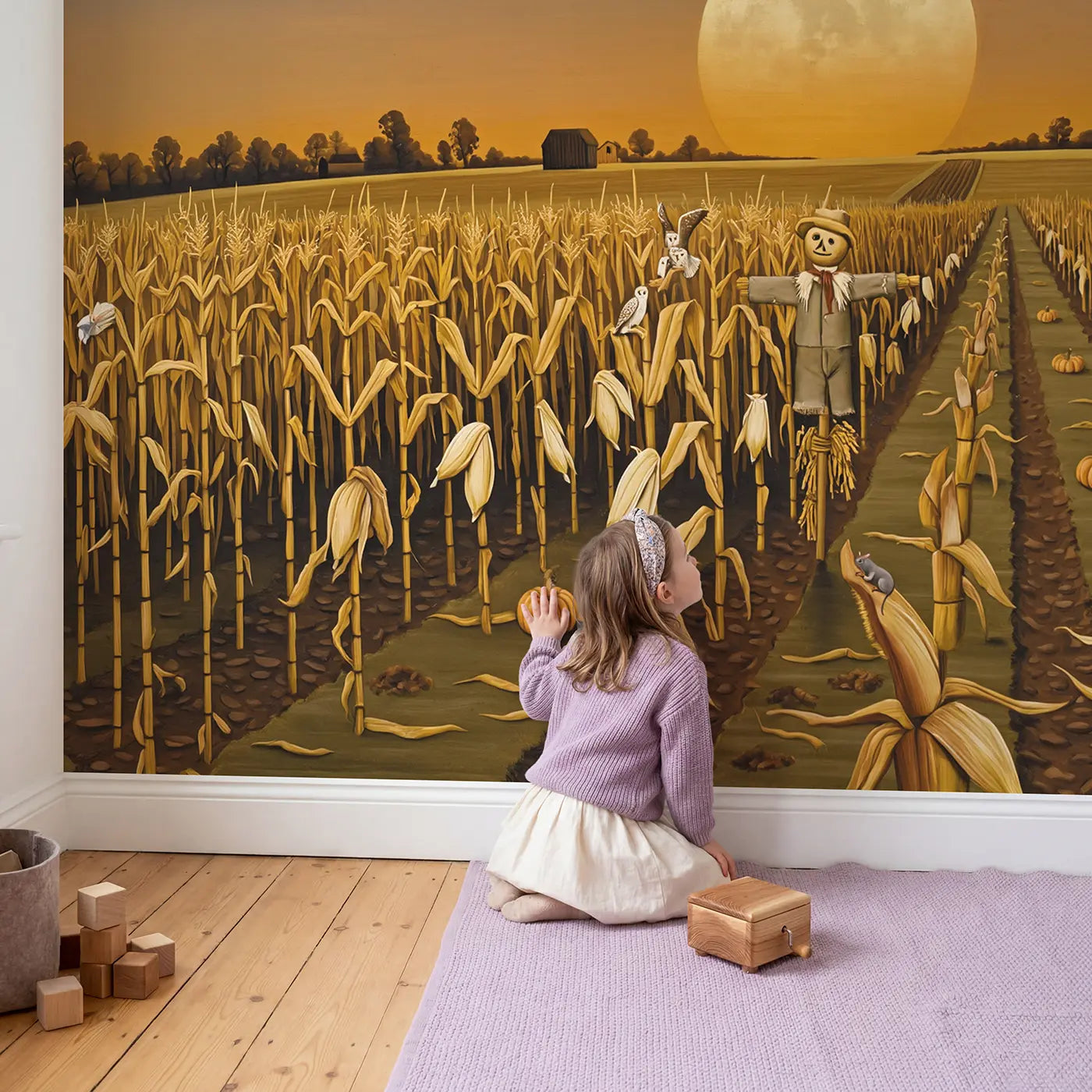 Child in nursery with Harvest Moon Autumn Cornfield Wallpaper Mural by Whimsy Tots