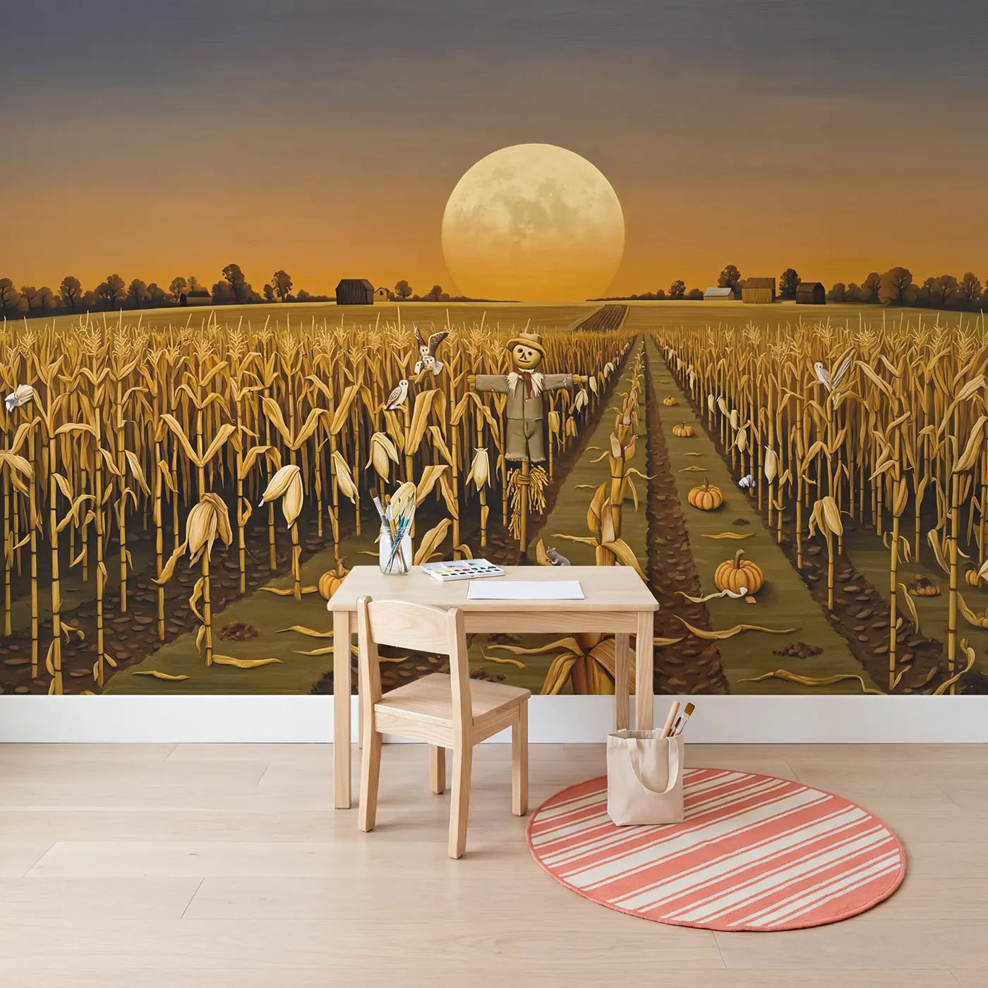 Harvest Moon Autumn Cornfield Wallpaper Mural in playroom setting by Whimsy Tots