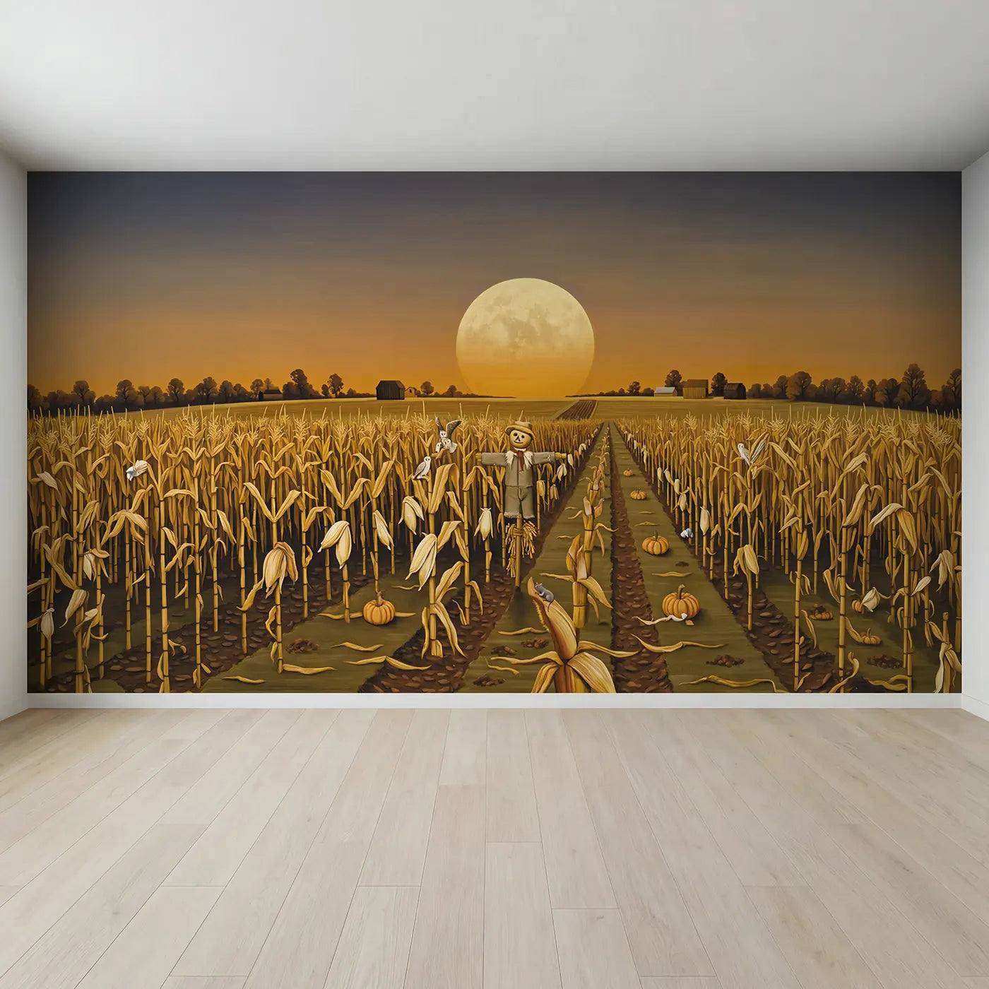 Full view of Harvest Moon Autumn Cornfield Wallpaper Mural by Whimsy Tots