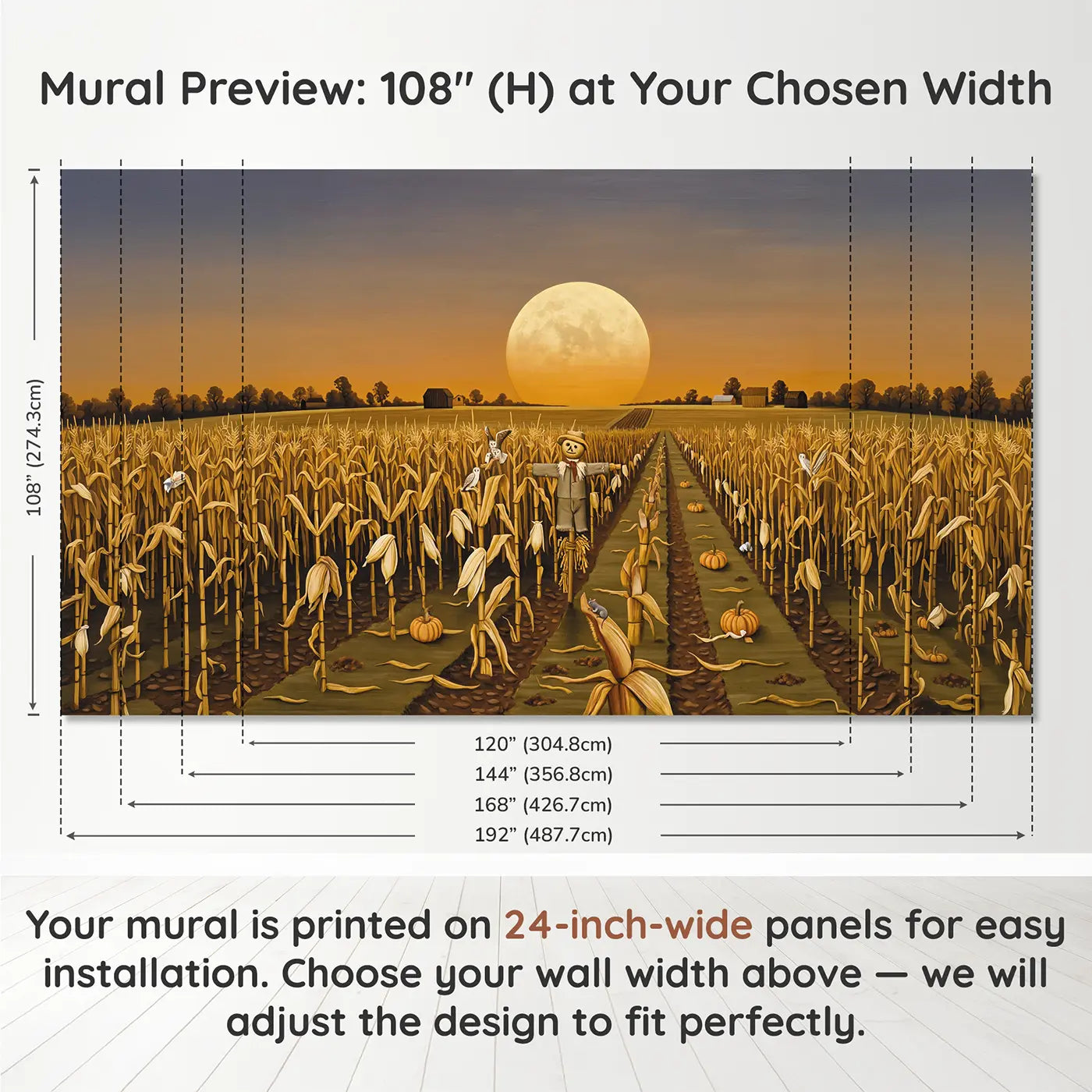 Panel layout and dimensions for Harvest Moon Autumn Cornfield Wallpaper Mural by Whimsy Tots
