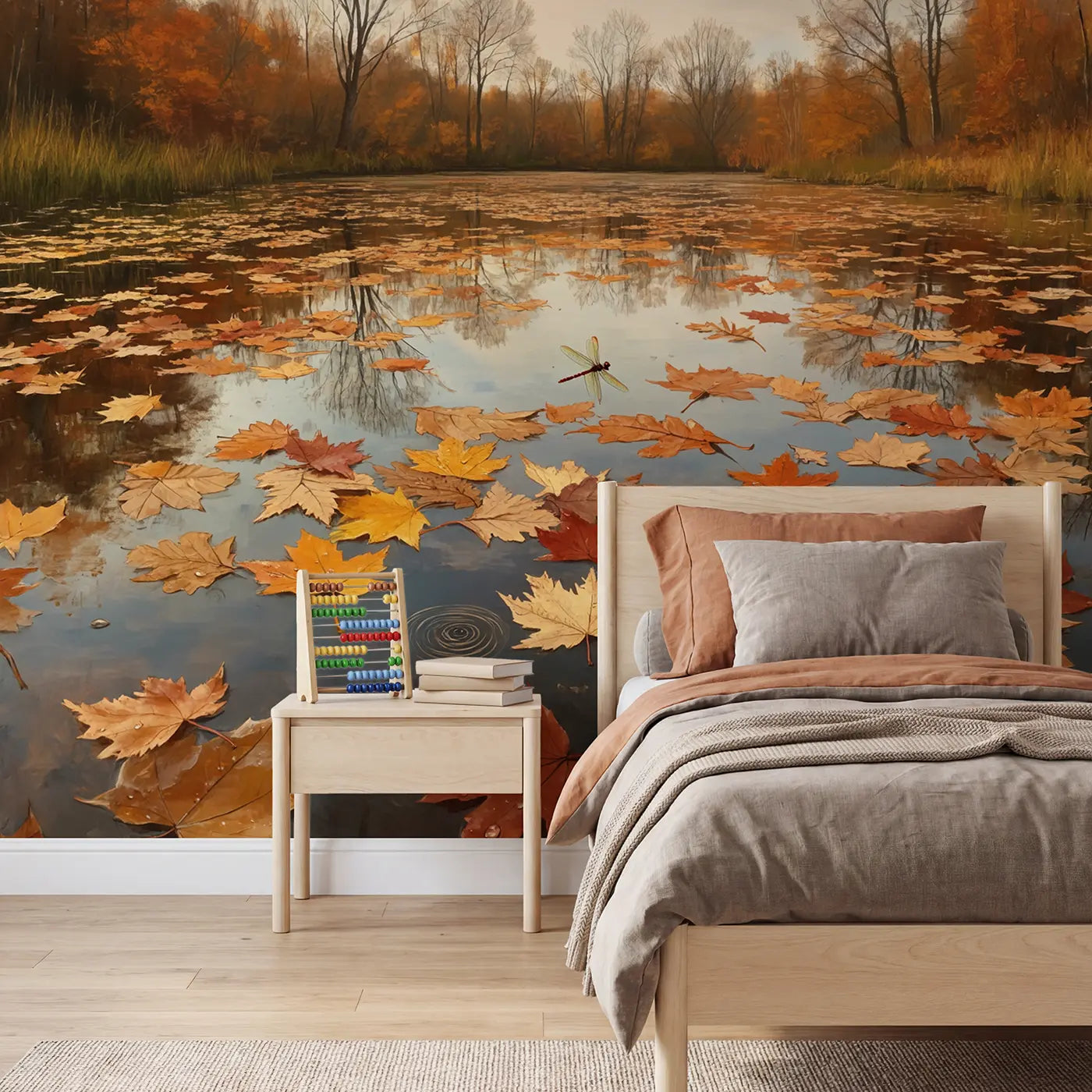 Soft Pastel autumn floating leaf pond wallpaper mural for kids room by Whimsy Tots