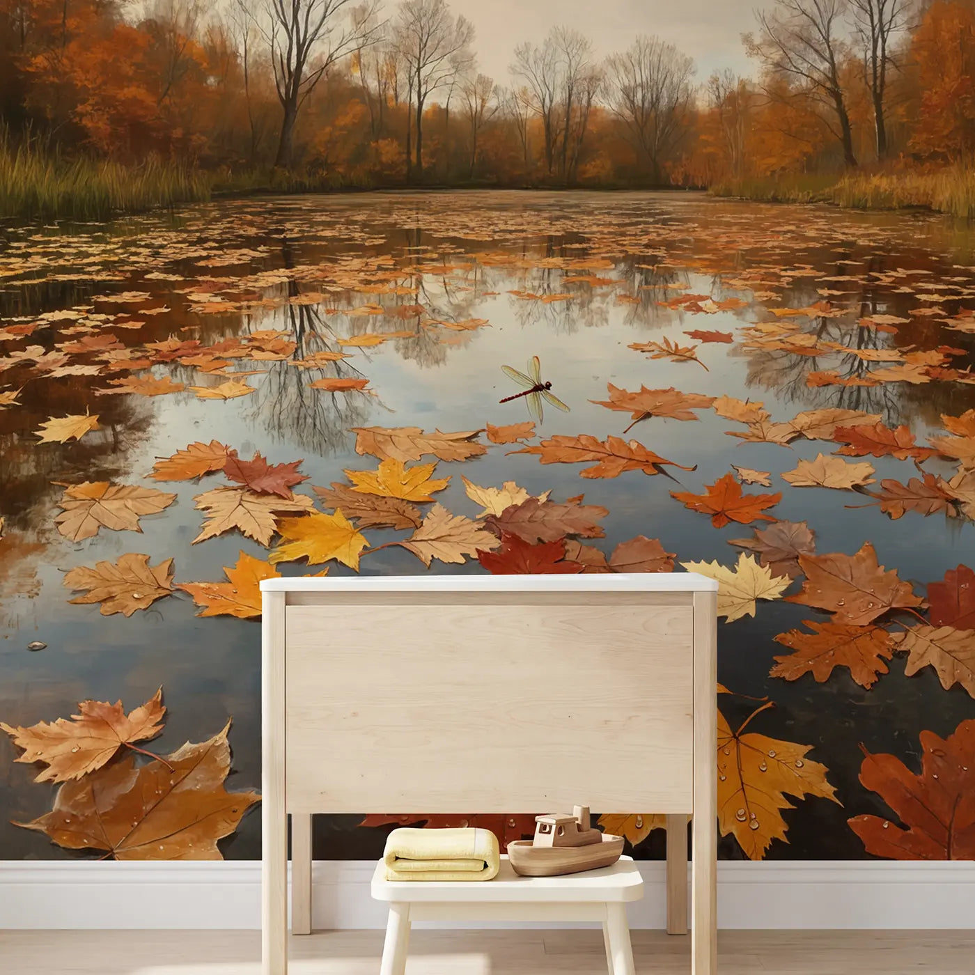Autumn Floating Leaf Pond Wallpaper Mural in playroom setting by Whimsy Tots