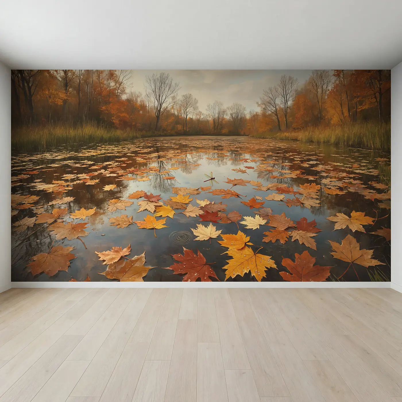 Full view of Autumn Floating Leaf Pond Wallpaper Mural by Whimsy Tots