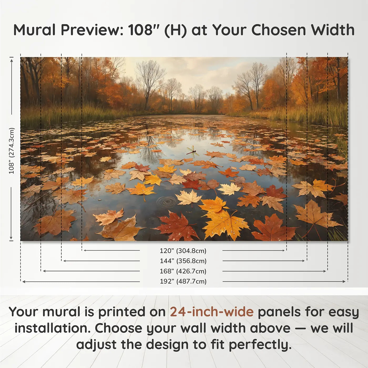 Panel layout and dimensions for Autumn Floating Leaf Pond Wallpaper Mural by Whimsy Tots