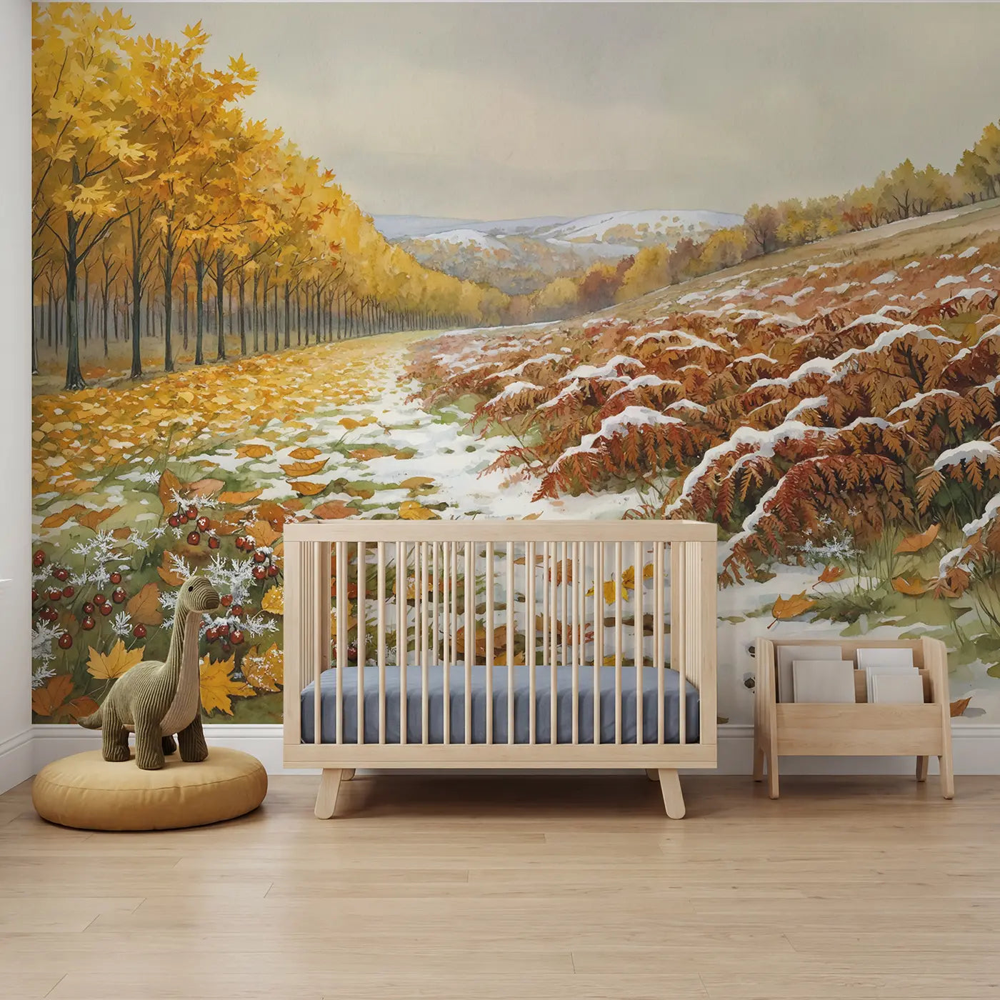 Watercolor autumn and winter wallpaper mural for boys room by Whimsy Tots