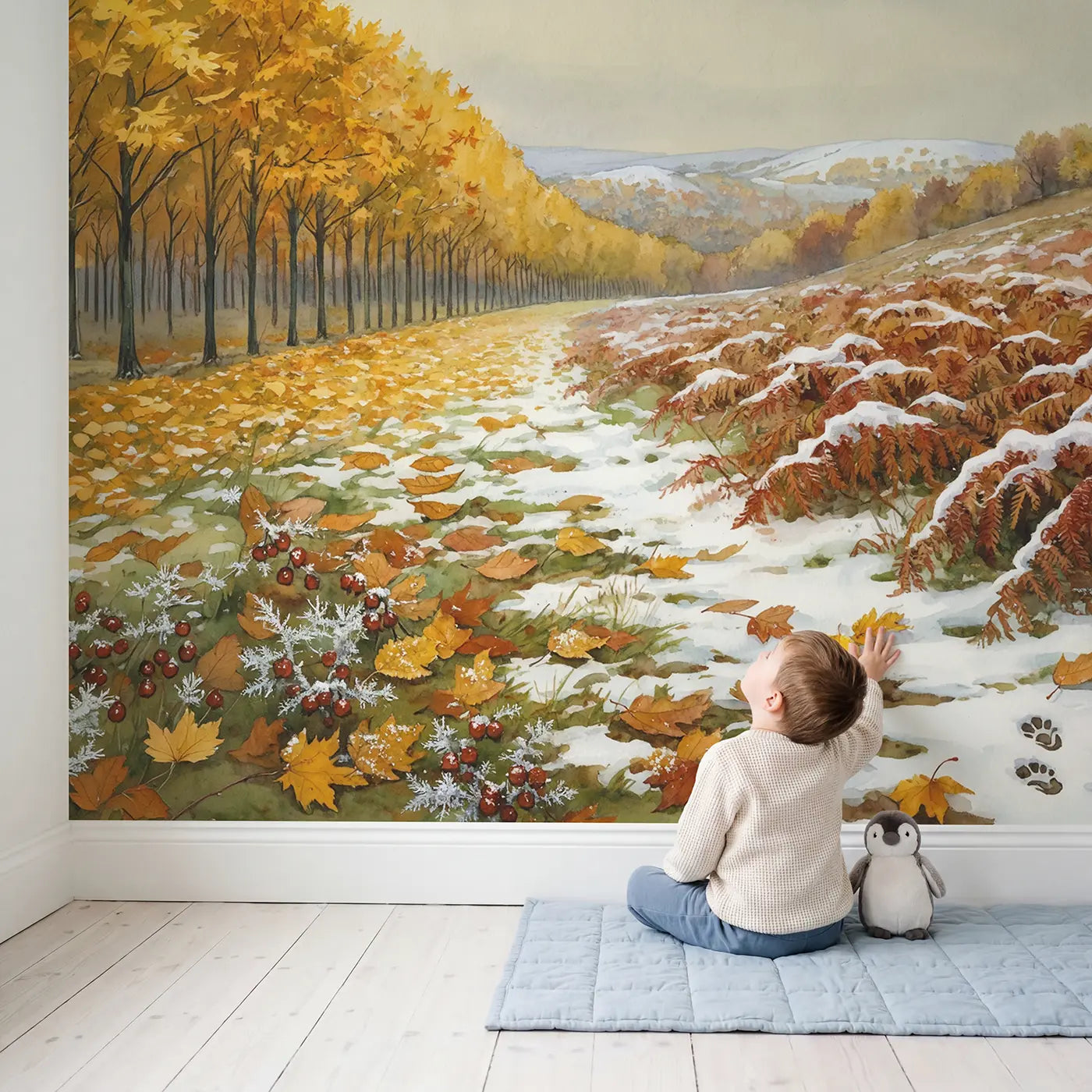 Child in nursery with First Snow on Autumn Gold Wallpaper Mural by Whimsy Tots