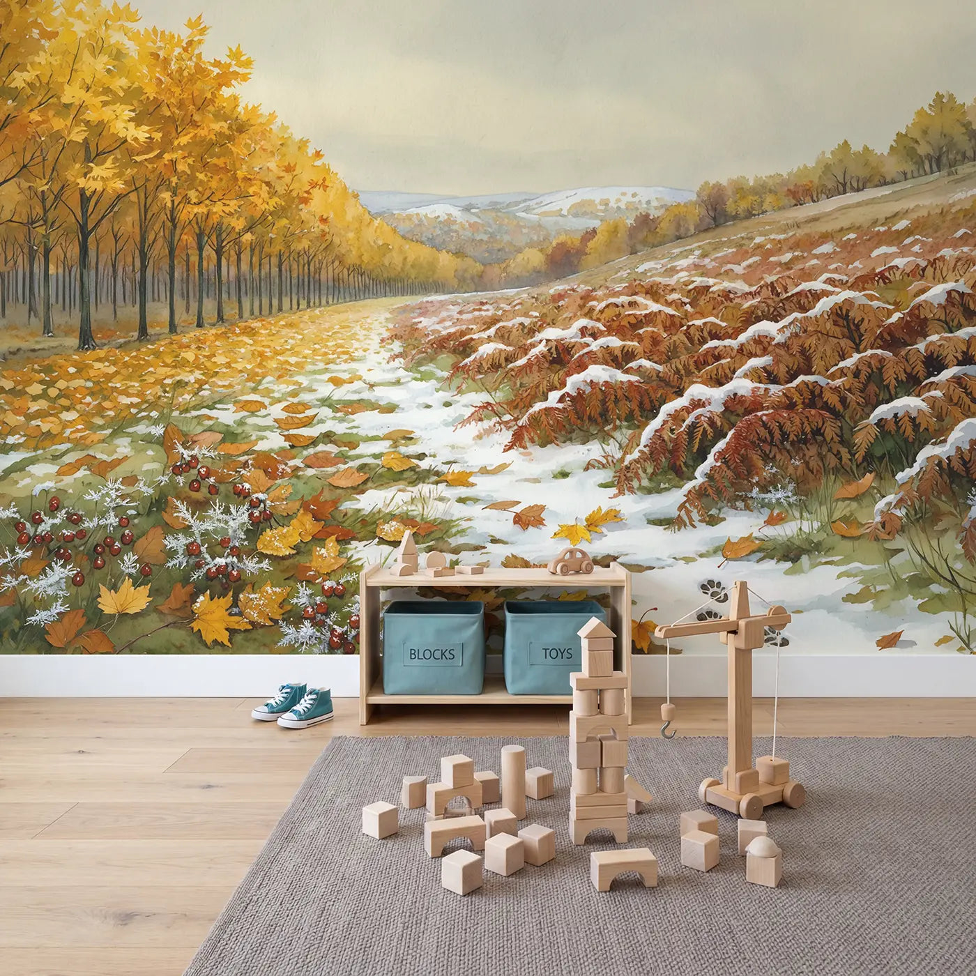 First Snow on Autumn Gold Wallpaper Mural in playroom setting by Whimsy Tots