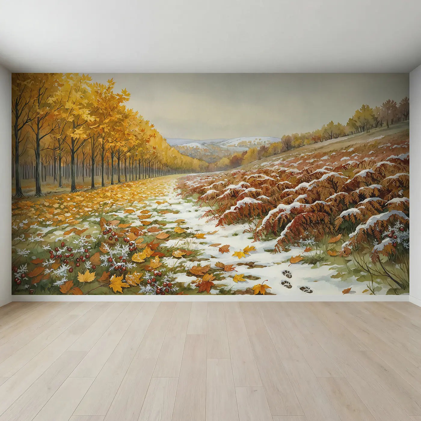Full view of First Snow on Autumn Gold Wallpaper Mural by Whimsy Tots