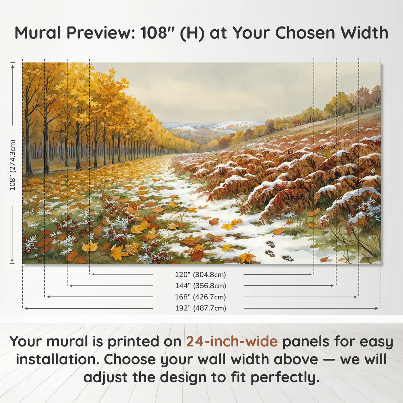 Panel layout and dimensions for First Snow on Autumn Gold Wallpaper Mural by Whimsy Tots
