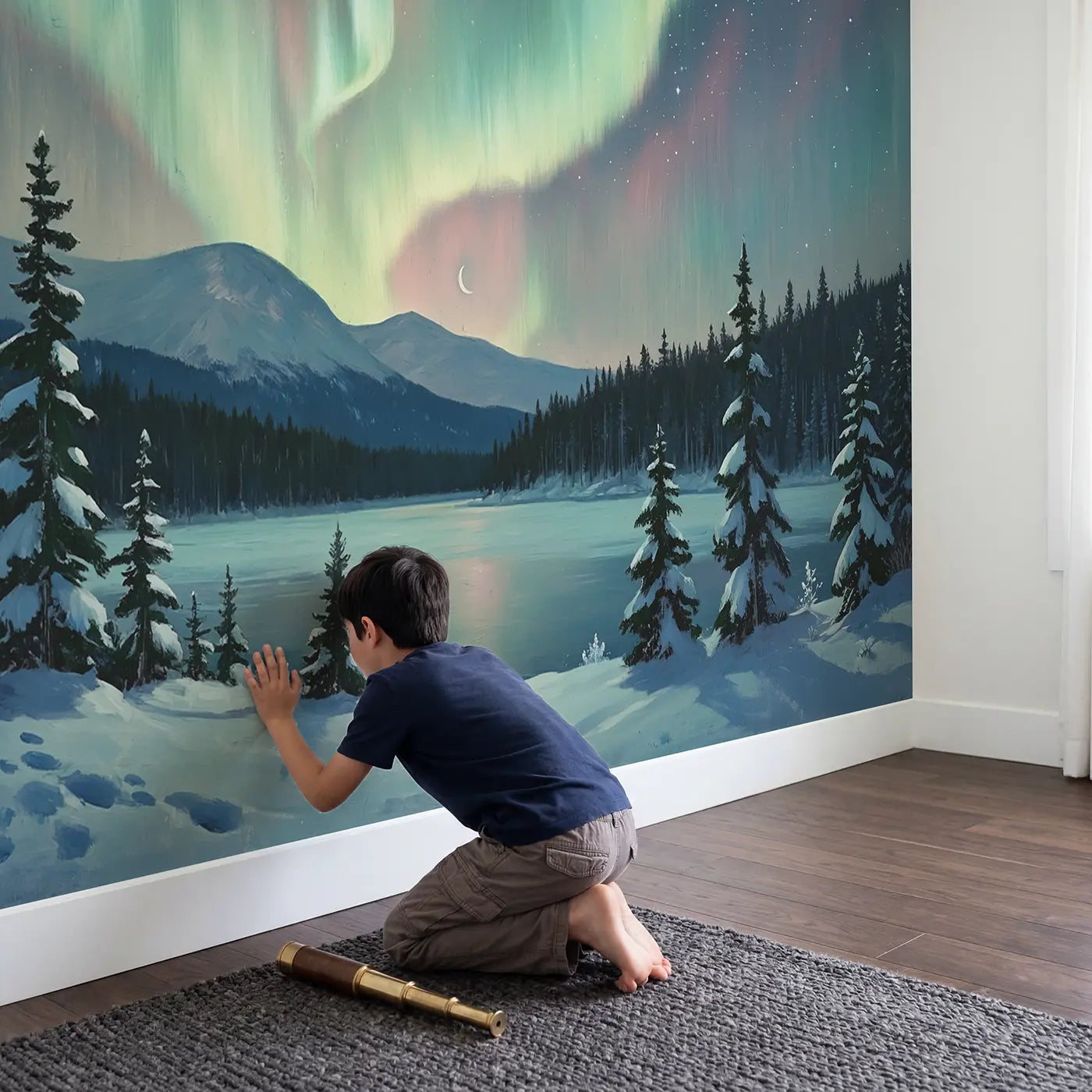 Child in nursery with Northern Lights Winter Wallpaper Mural by Whimsy Tots