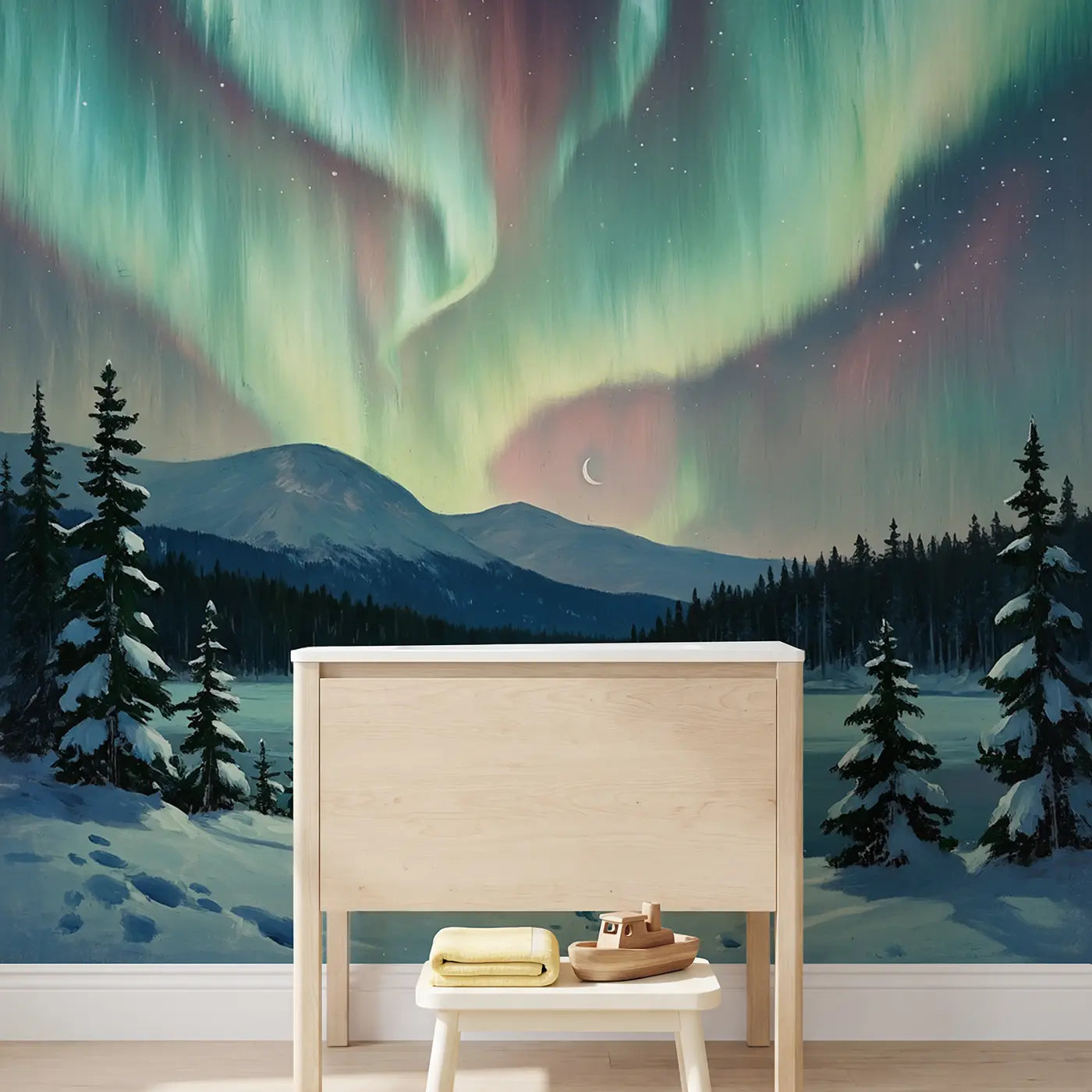 Northern Lights Winter Wallpaper Mural in playroom setting by Whimsy Tots