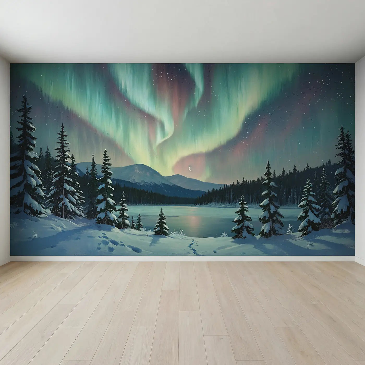 Full view of Northern Lights Winter Wallpaper Mural by Whimsy Tots
