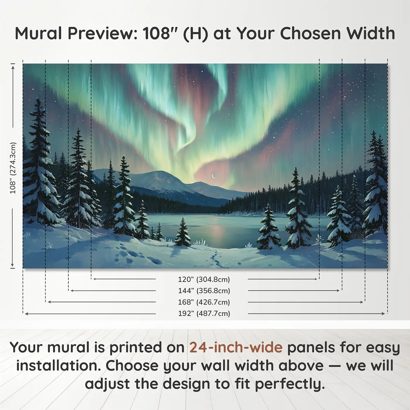 Panel layout and dimensions for Northern Lights Winter Wallpaper Mural by Whimsy Tots