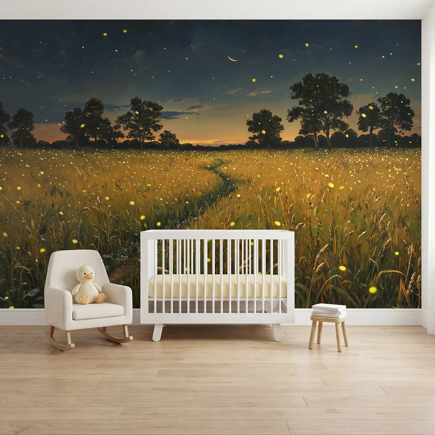 Painted Landscape firefly summer meadow dusk wallpaper mural for kids room by Whimsy Tots