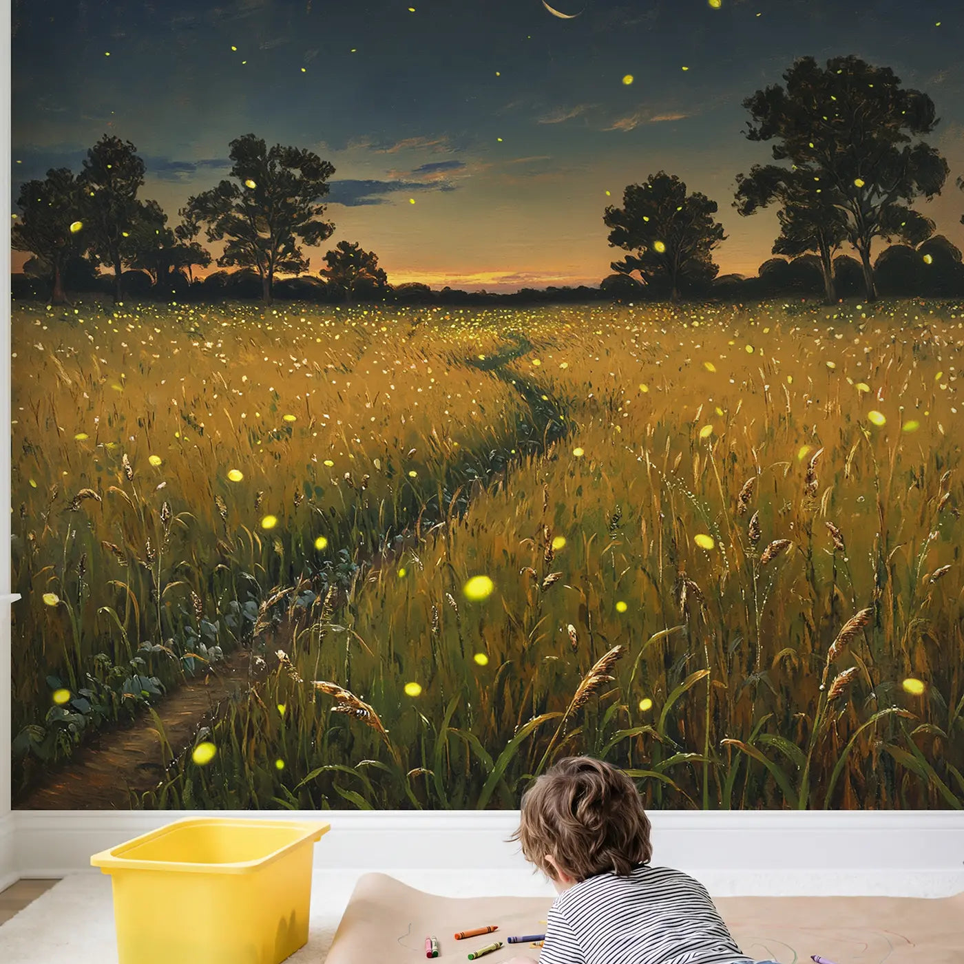 Child in nursery with Summer Firefly Meadow Dusk Wallpaper Mural by Whimsy Tots