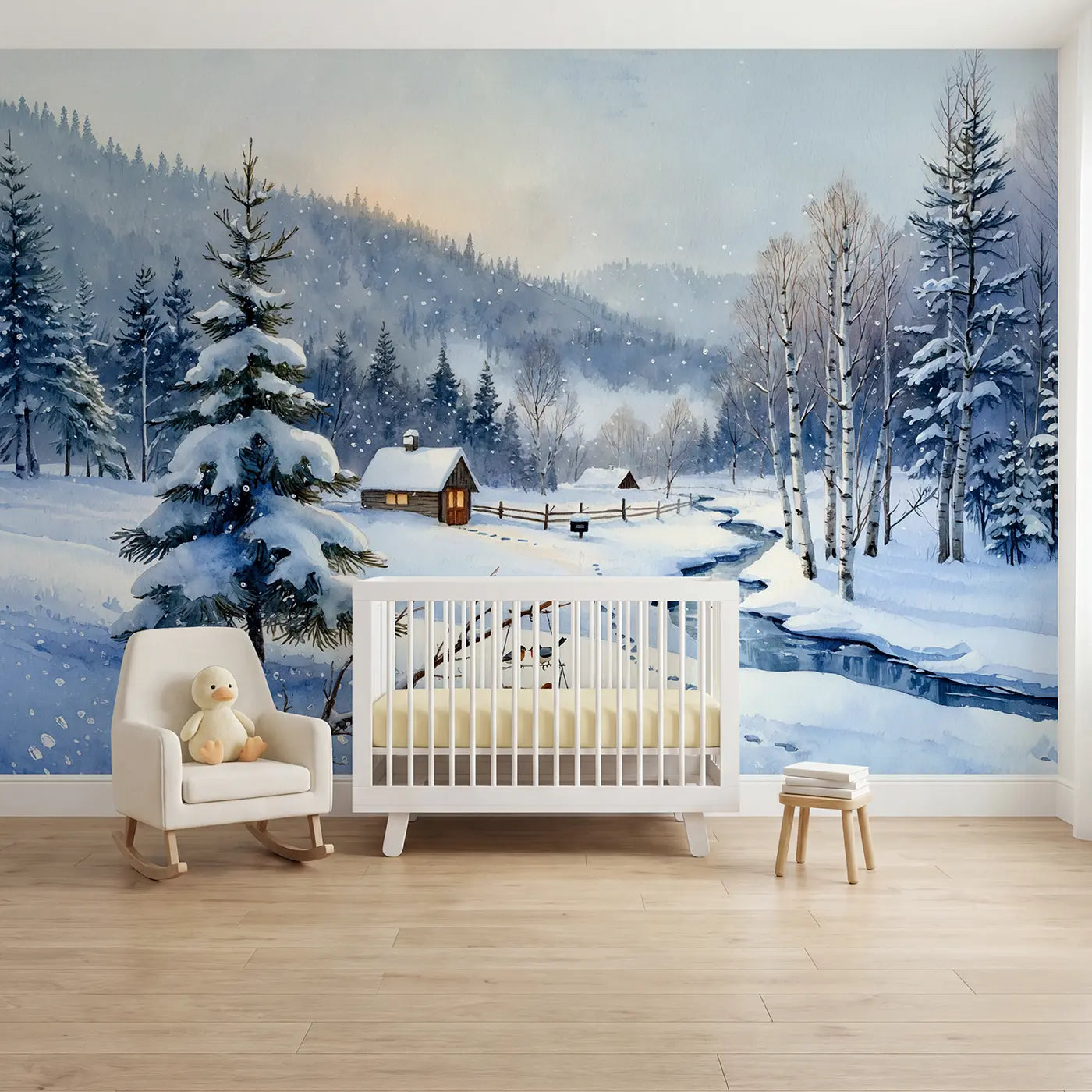 Watercolor snowy winter village wallpaper mural for nursery by Whimsy Tots