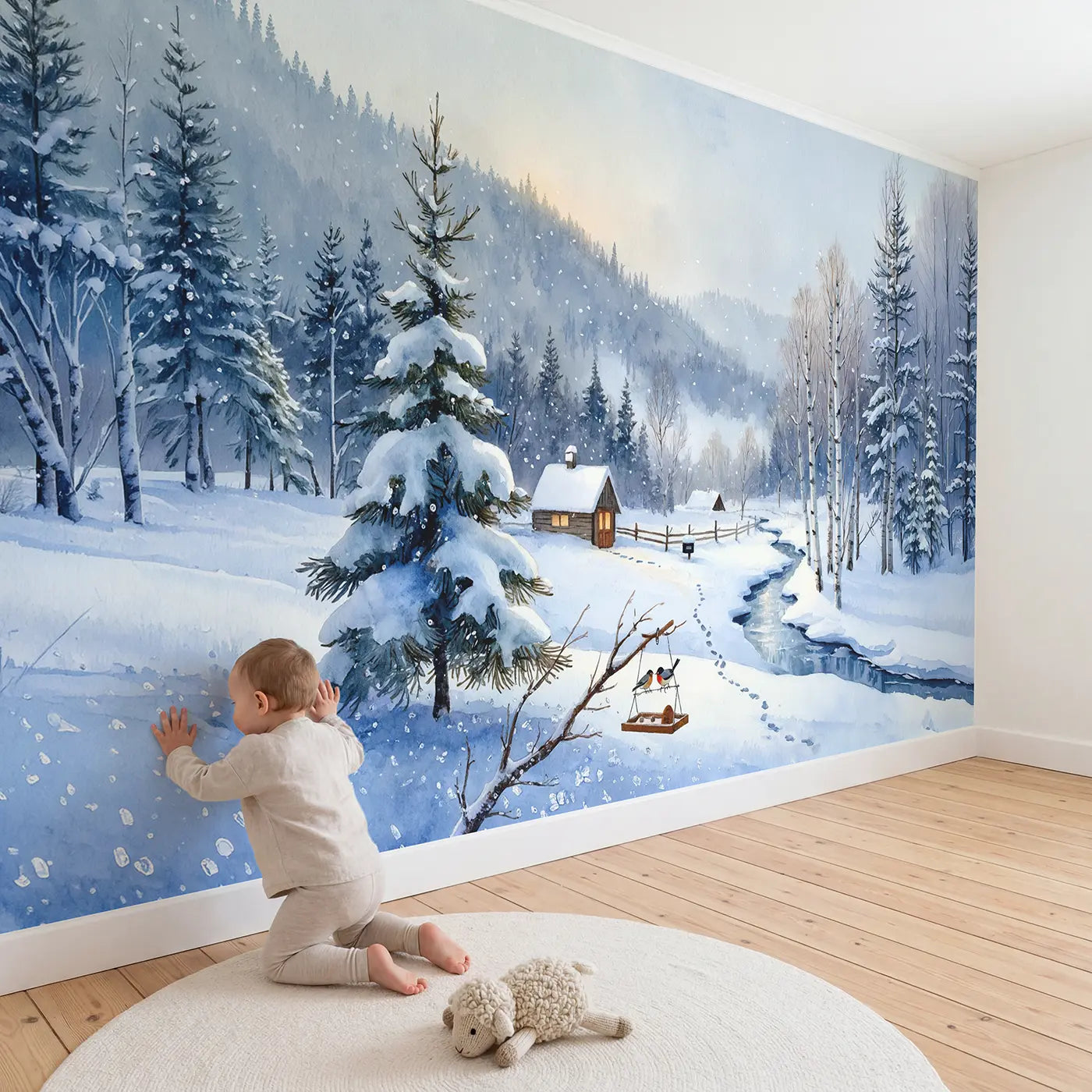 Child in nursery with Heavy Snow Winter Wonderland Wallpaper Mural by Whimsy Tots