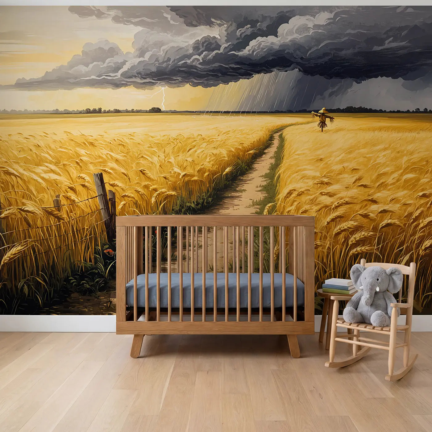 Block print summer thunderstorm wheat field wallpaper mural for boys room by Whimsy Tots