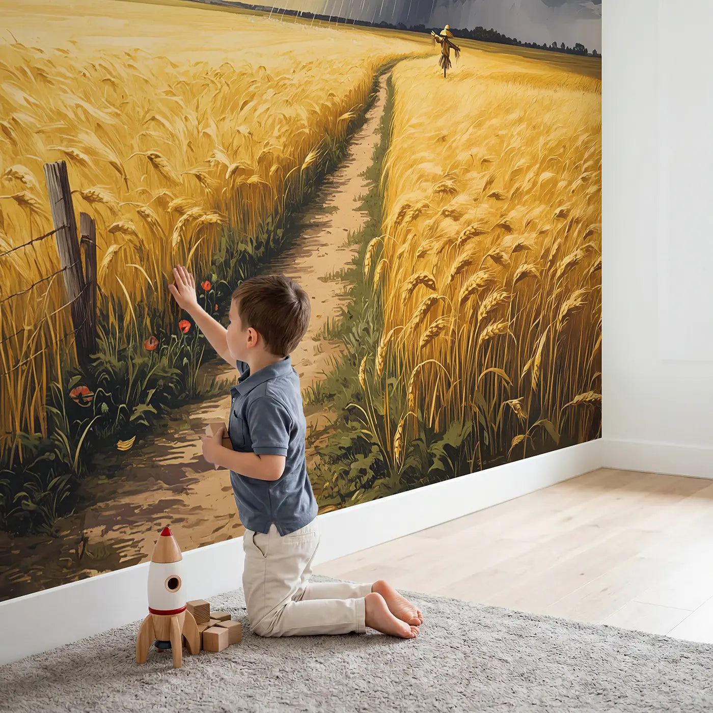 Child in nursery with Summer Thunderstorm Wheat Field Wallpaper Mural by Whimsy Tots
