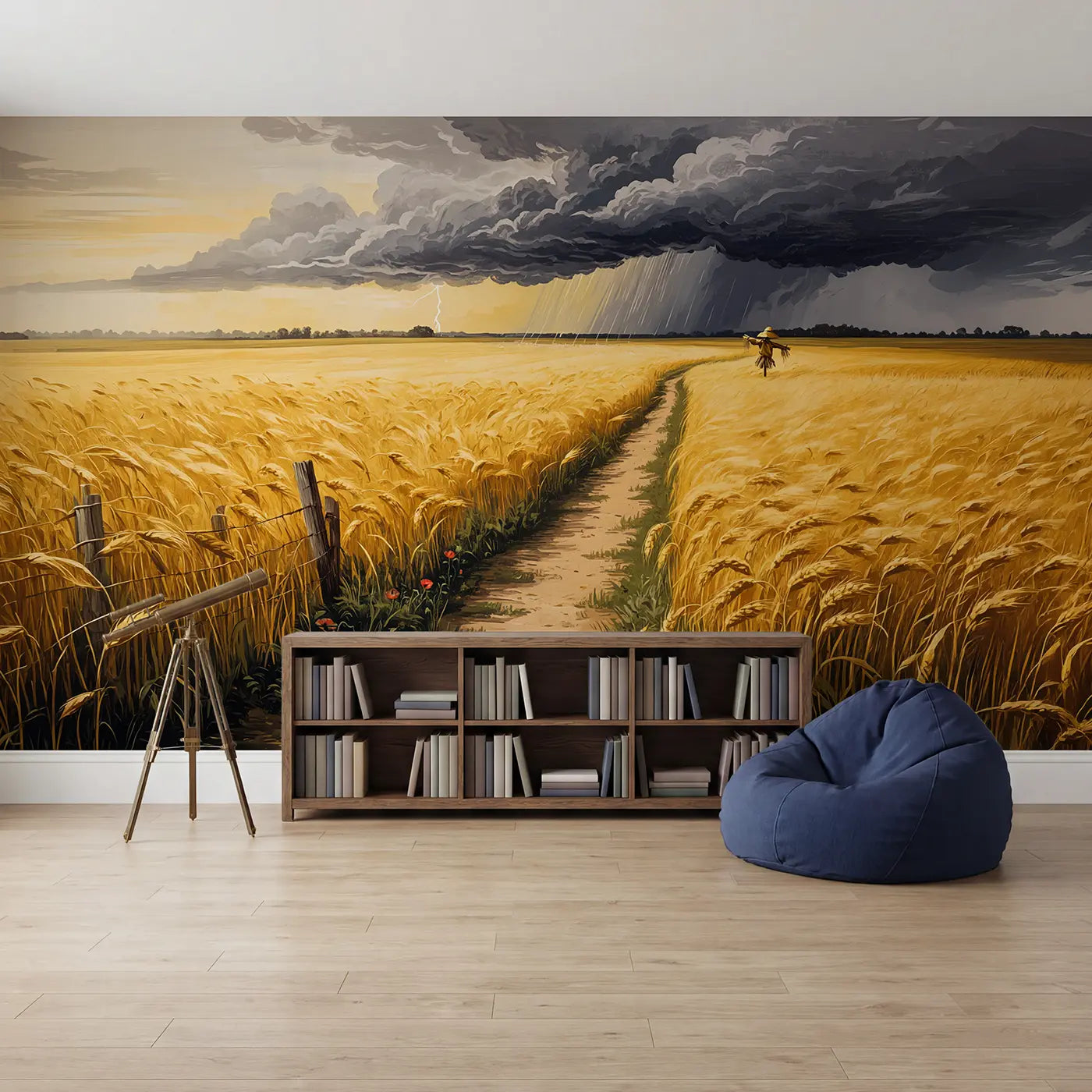 Summer Thunderstorm Wheat Field Wallpaper Mural in playroom setting by Whimsy Tots