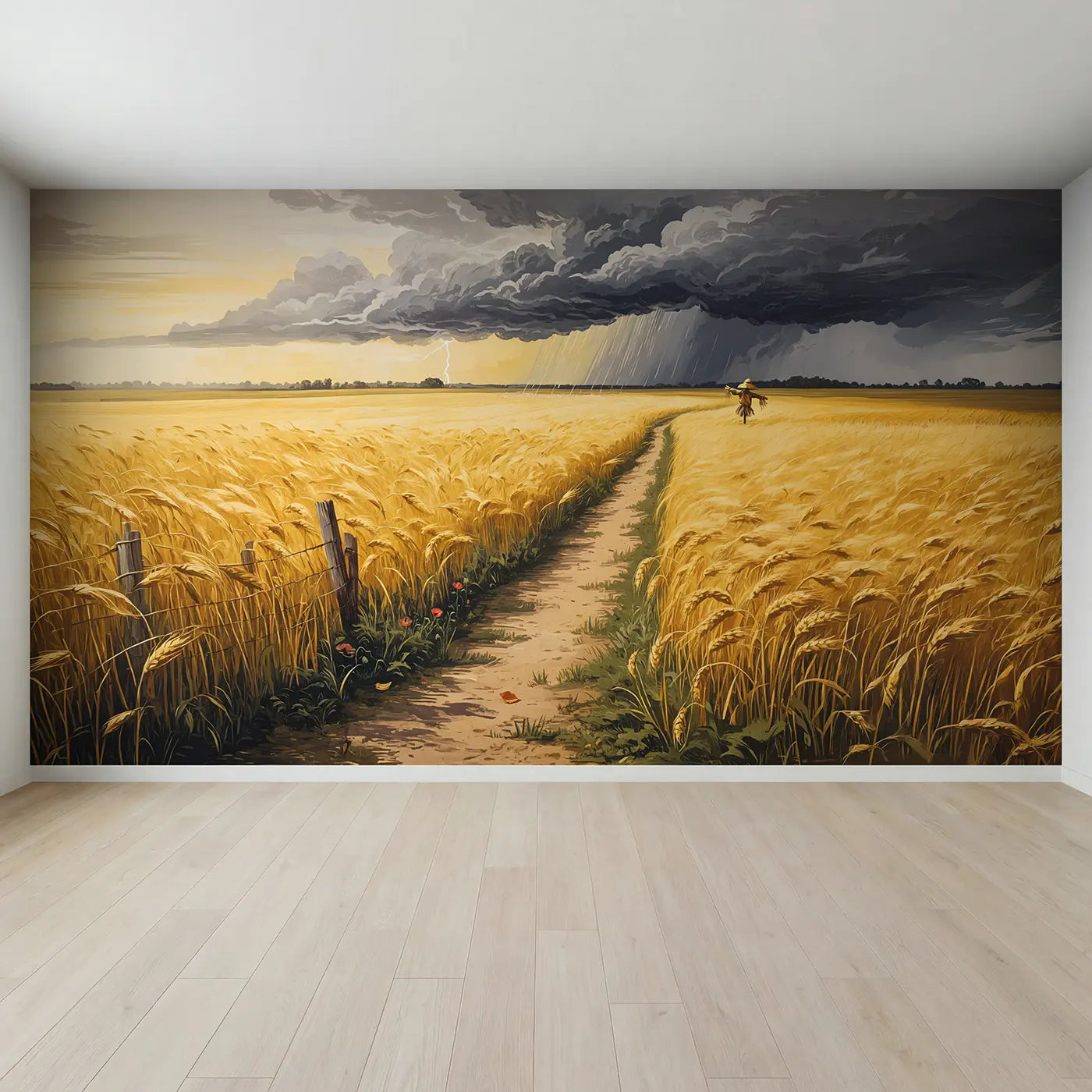 Full view of Summer Thunderstorm Wheat Field Wallpaper Mural by Whimsy Tots