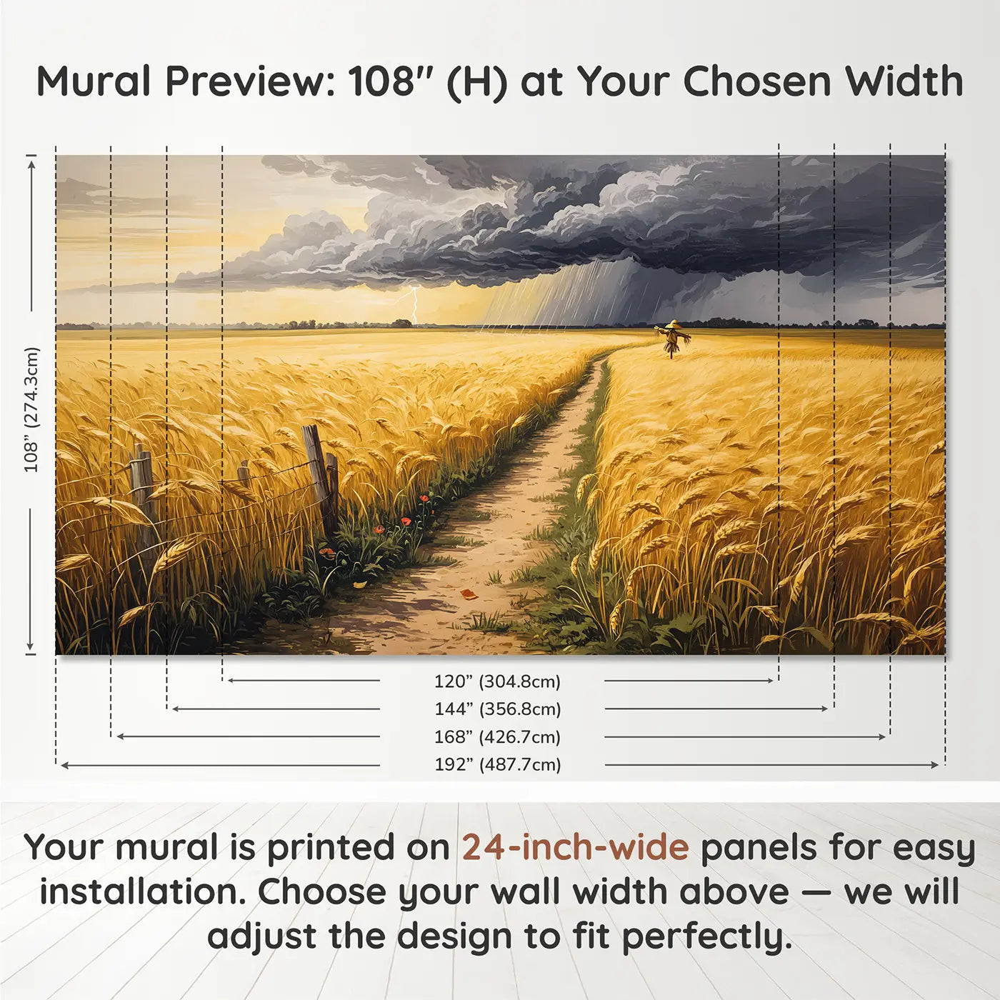 Panel layout and dimensions for Summer Thunderstorm Wheat Field Wallpaper Mural by Whimsy Tots
