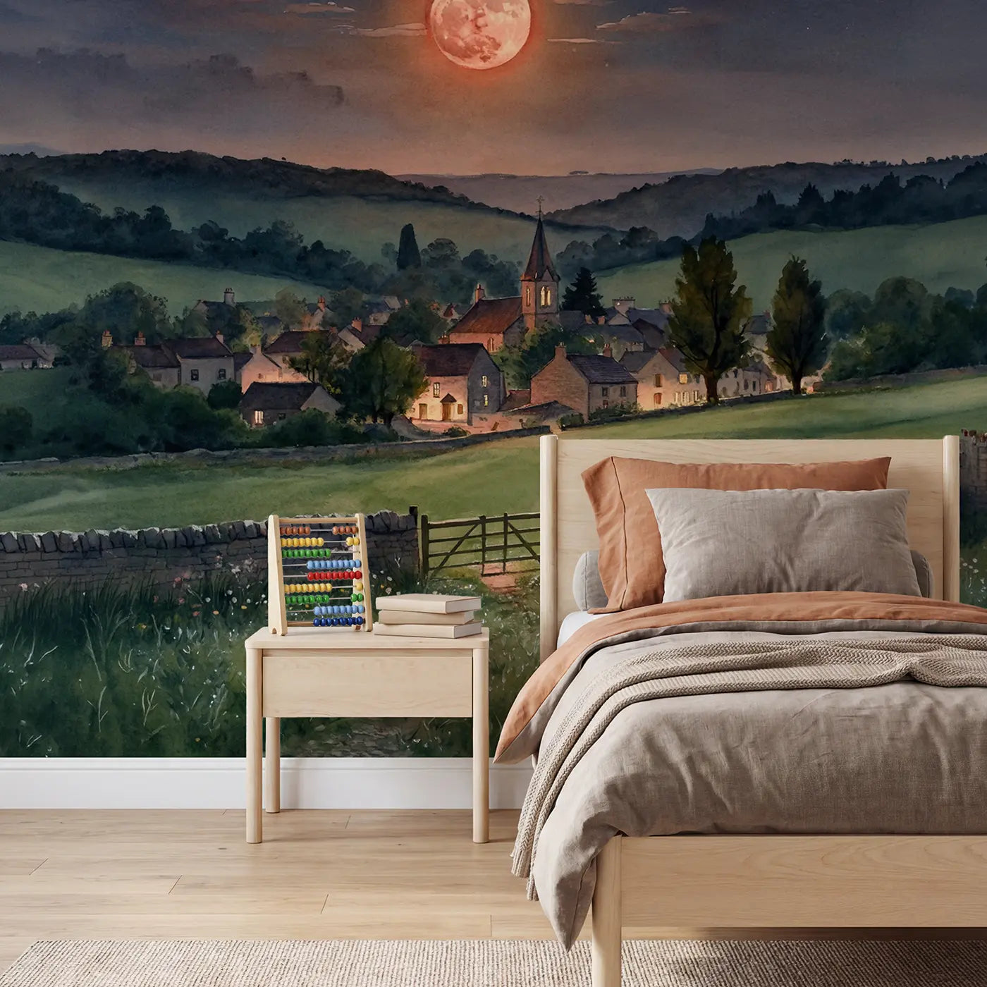 Watercolor harvest moon village night wallpaper mural for kids room by Whimsy Tots