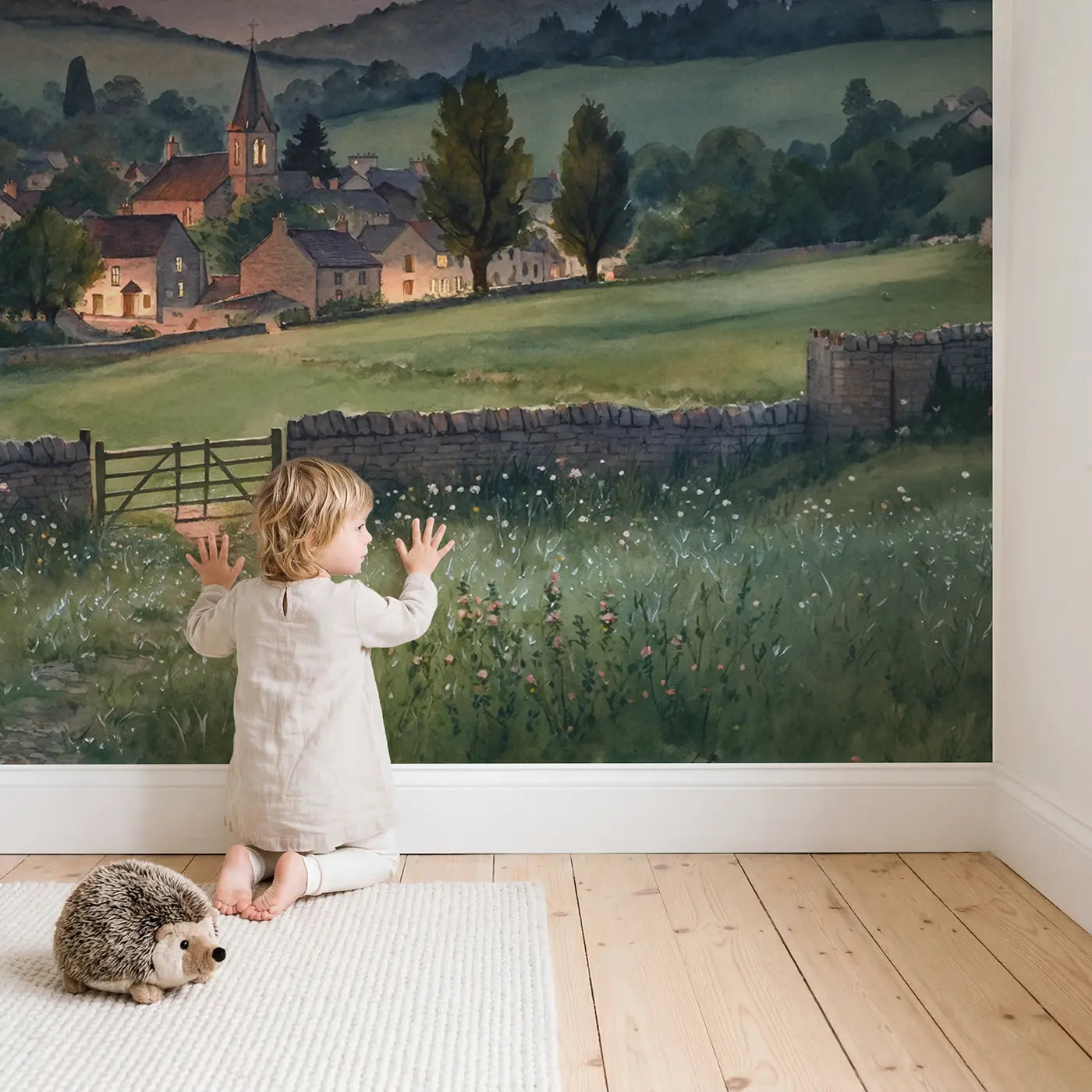 Child in nursery with Harvest Moon Village Wallpaper Mural by Whimsy Tots