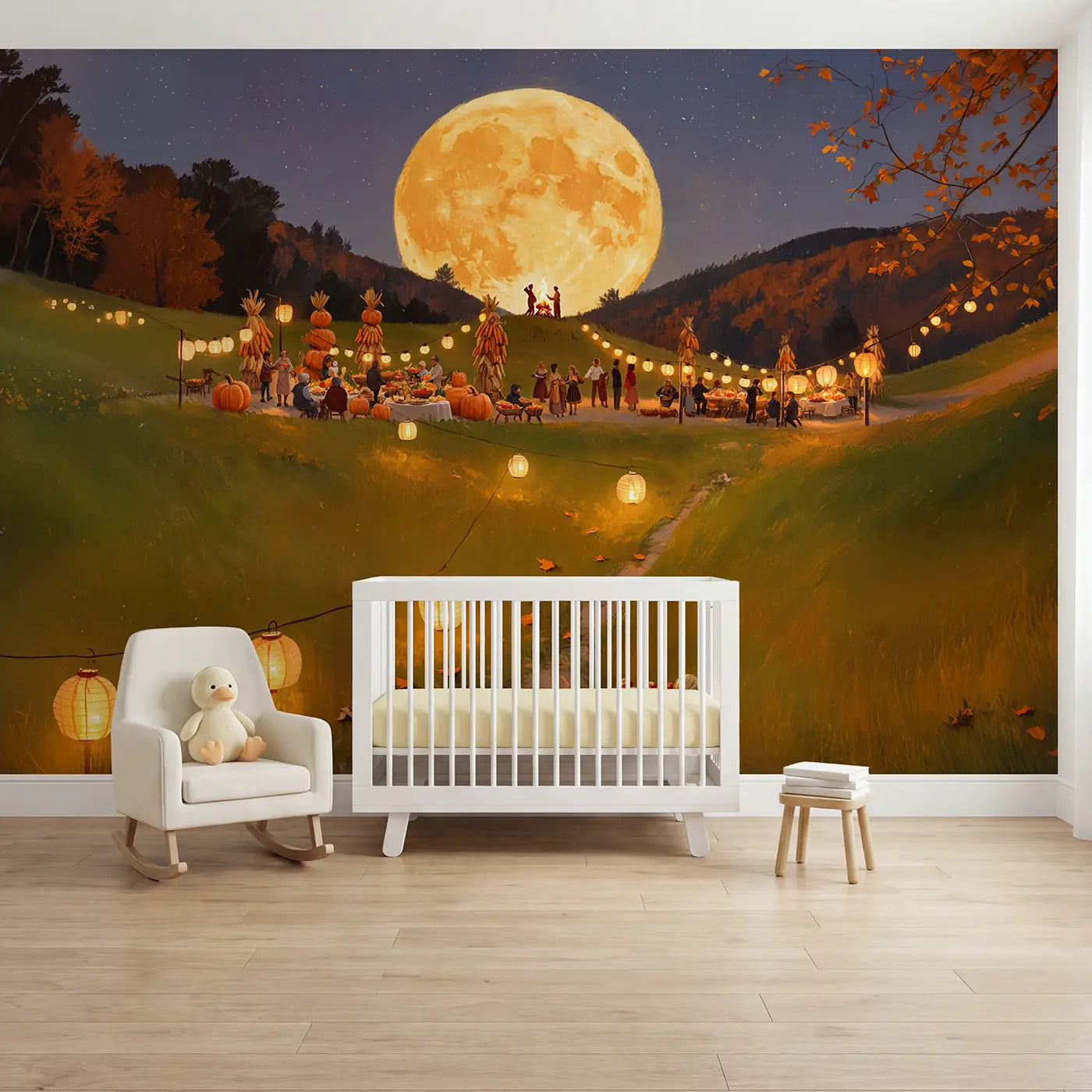 Soft pastel harvest moon lantern hillside wallpaper mural for nursery by Whimsy Tots