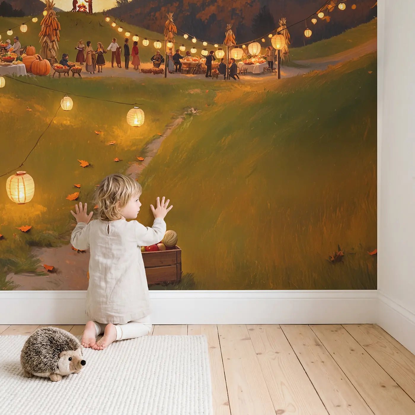 Child in nursery with Harvest Moon Festival Wallpaper Mural by Whimsy Tots