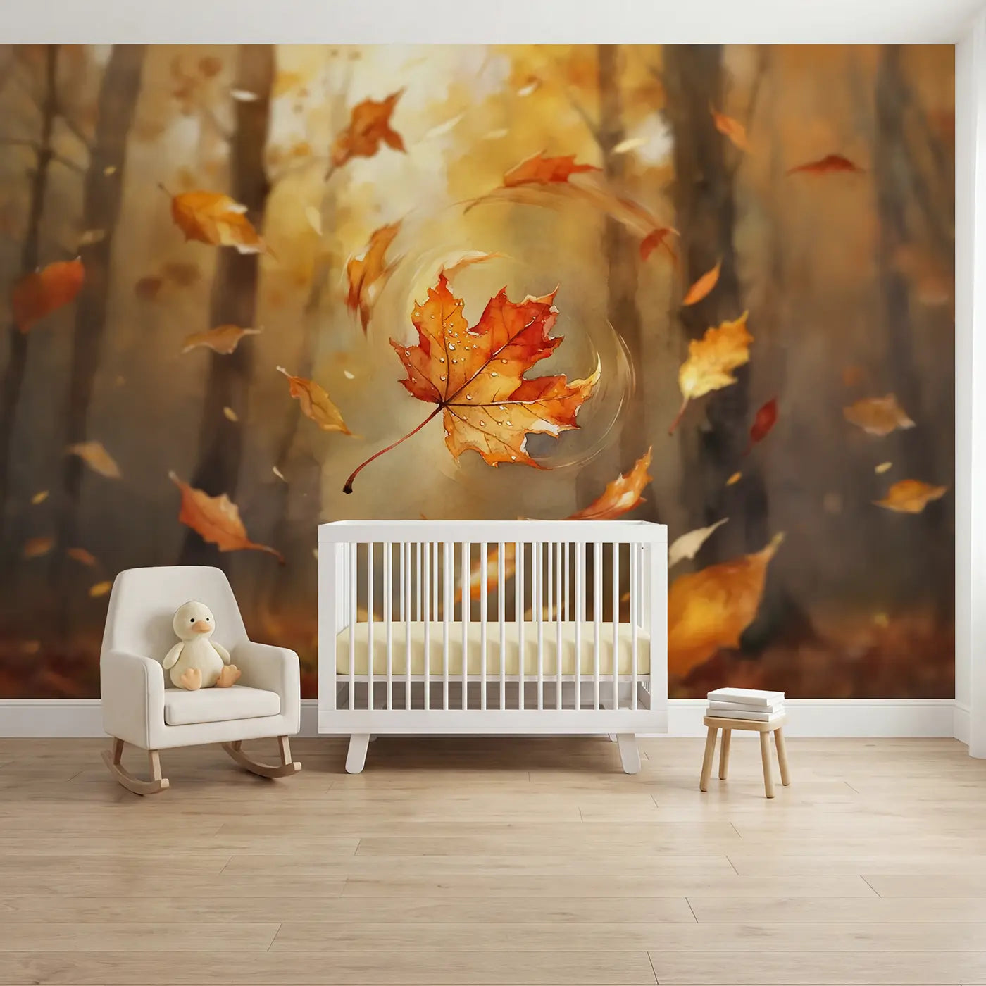 watercolor spiral falling autumn leaf mural for nursery by Whimsy Tots