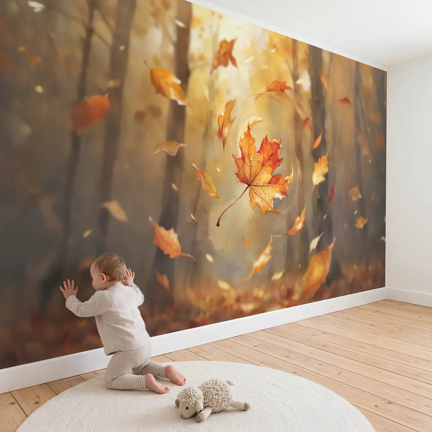 Child in nursery with Spiral Falling Autumn Leaf Golden Wallpaper Mural by Whimsy Tots