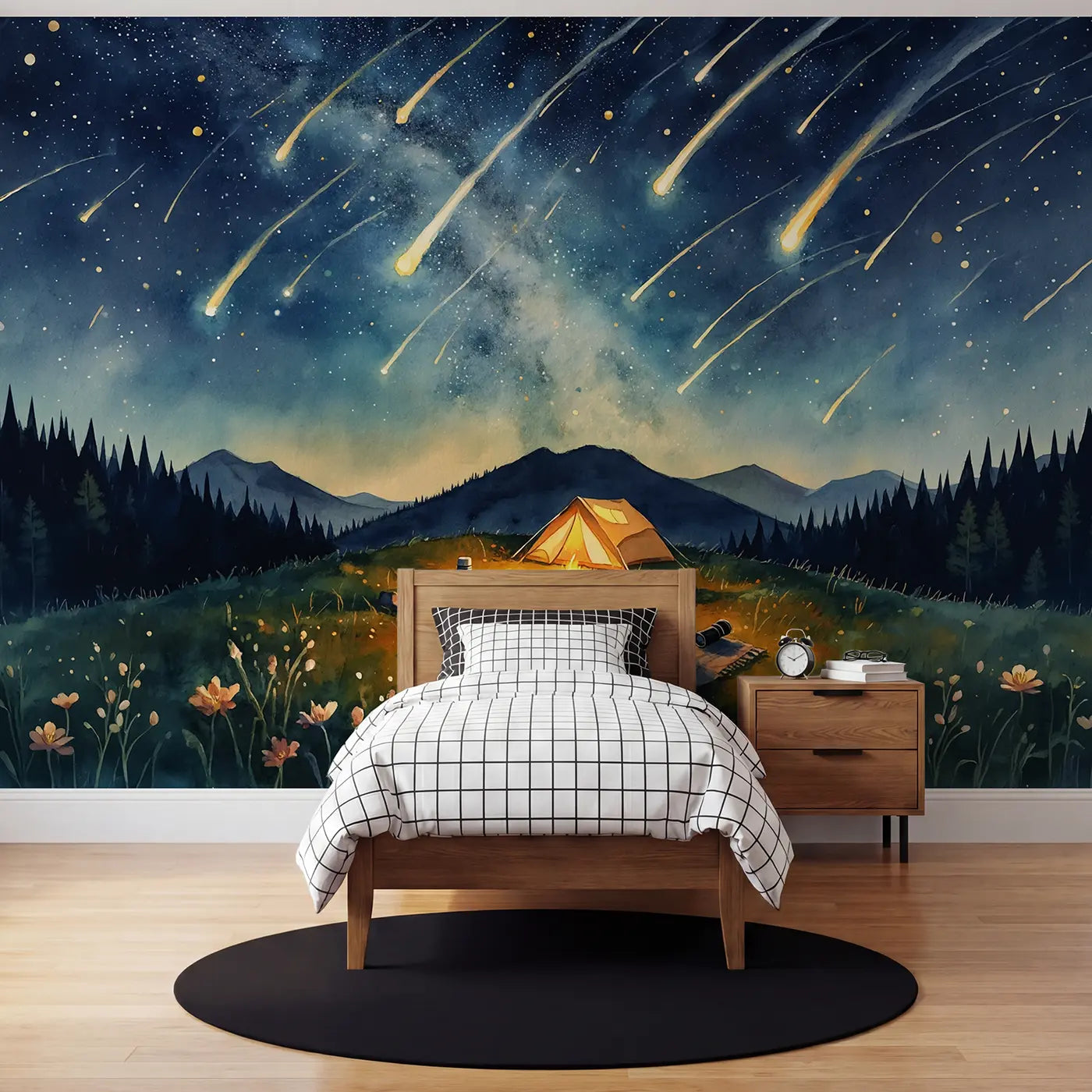 Watercolor star and shooting star wallpaper mural for kids room by Whimsy Tots