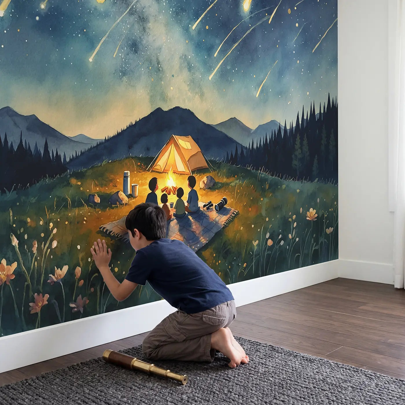 Child in nursery with Meteor Shower Camping Family Wallpaper Mural by Whimsy Tots