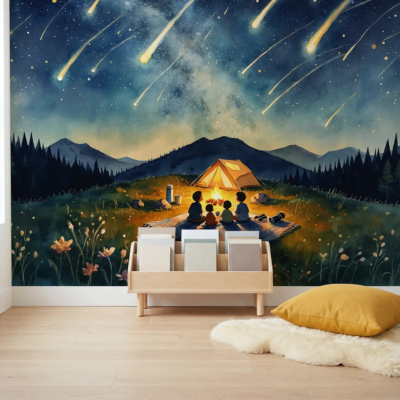 Meteor Shower Camping Family Wallpaper Mural in playroom setting by Whimsy Tots