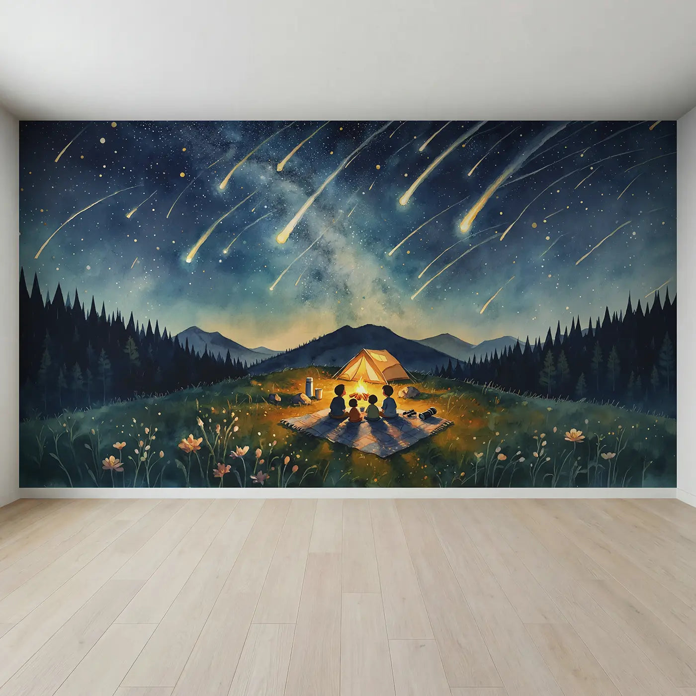 Full view of Meteor Shower Camping Family Wallpaper Mural by Whimsy Tots