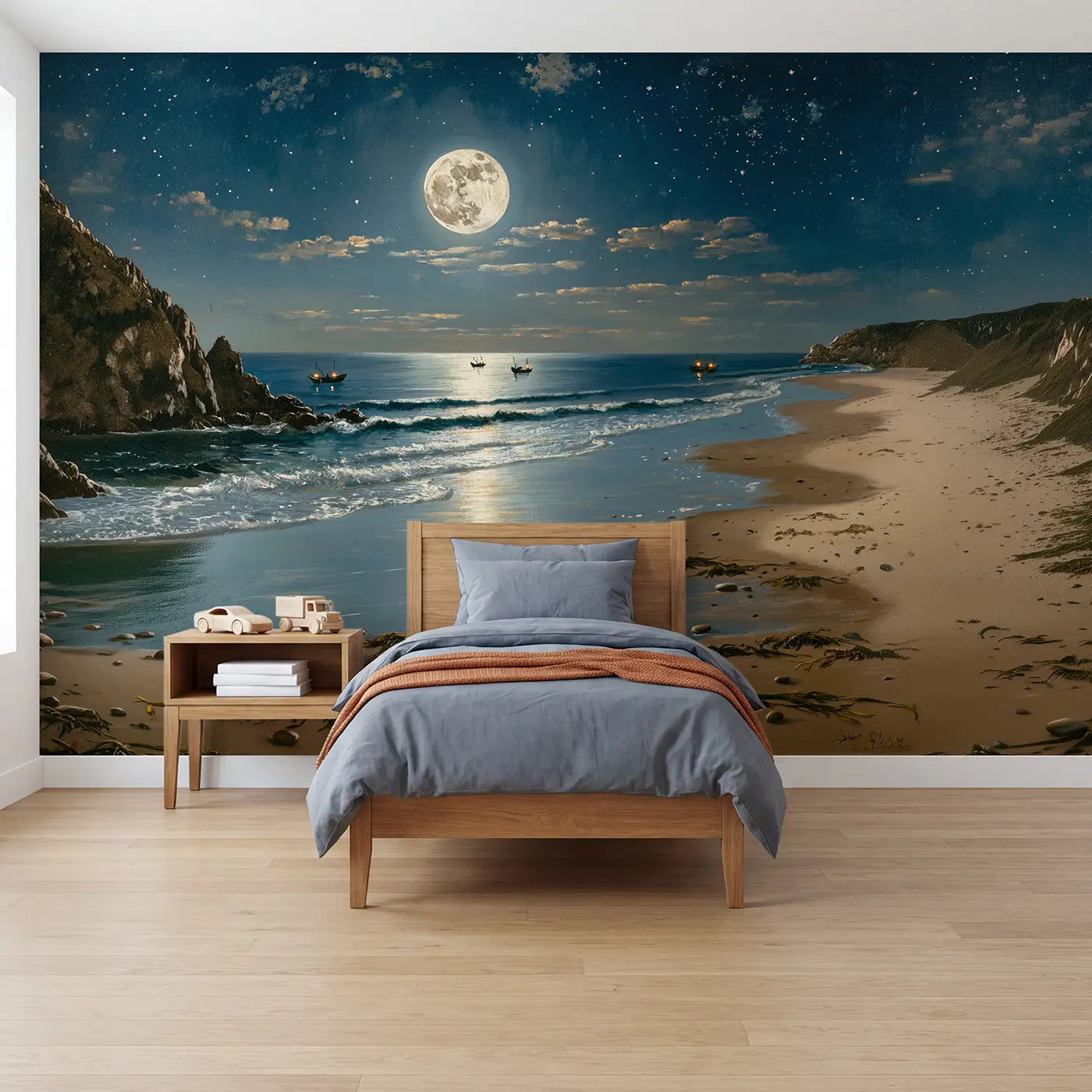painted landscape moonlit ocean silver waves coast wallpaper mural for boys room by Whimsy Tots
