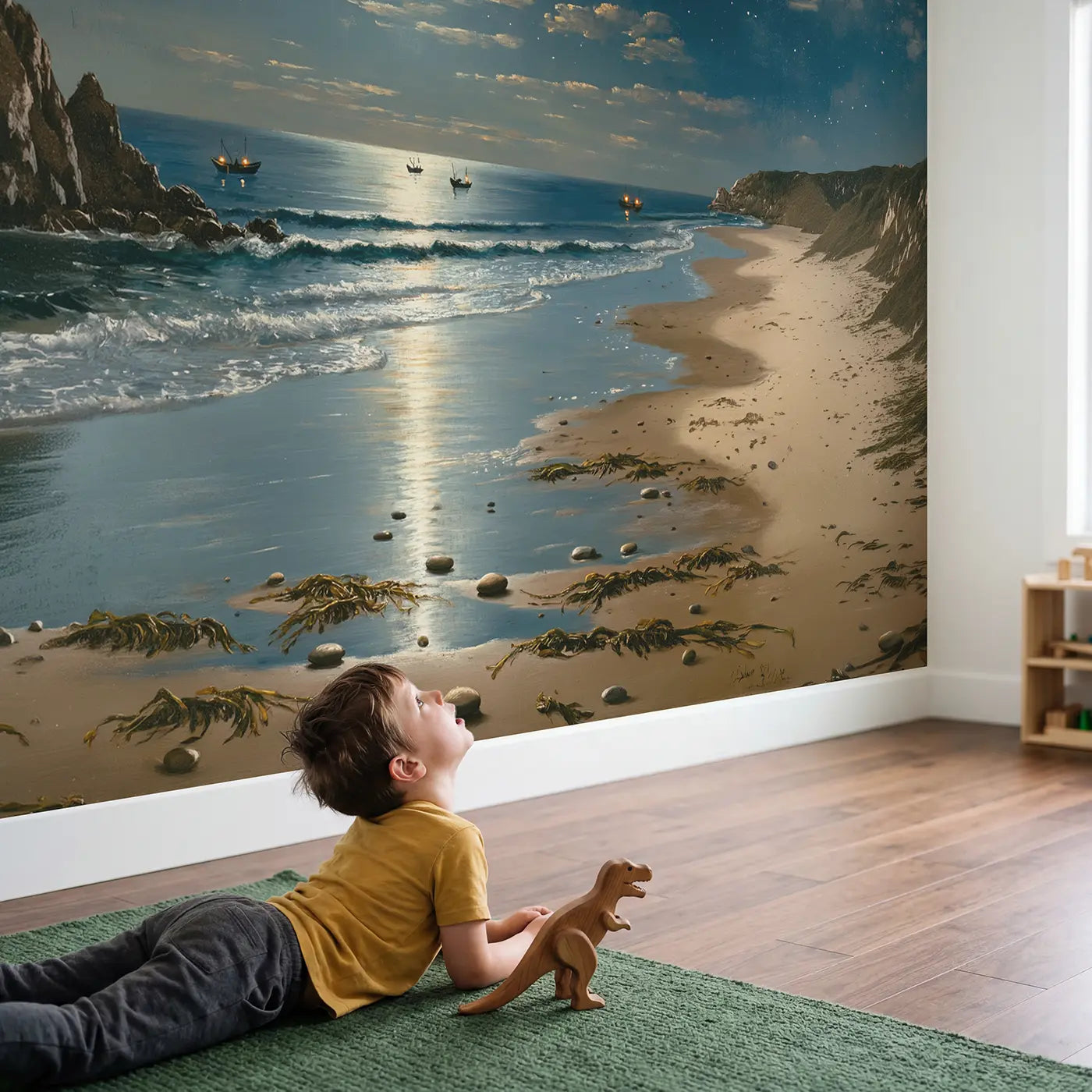 Child in nursery with Silver Moon Ocean Wallpaper Mural by Whimsy Tots