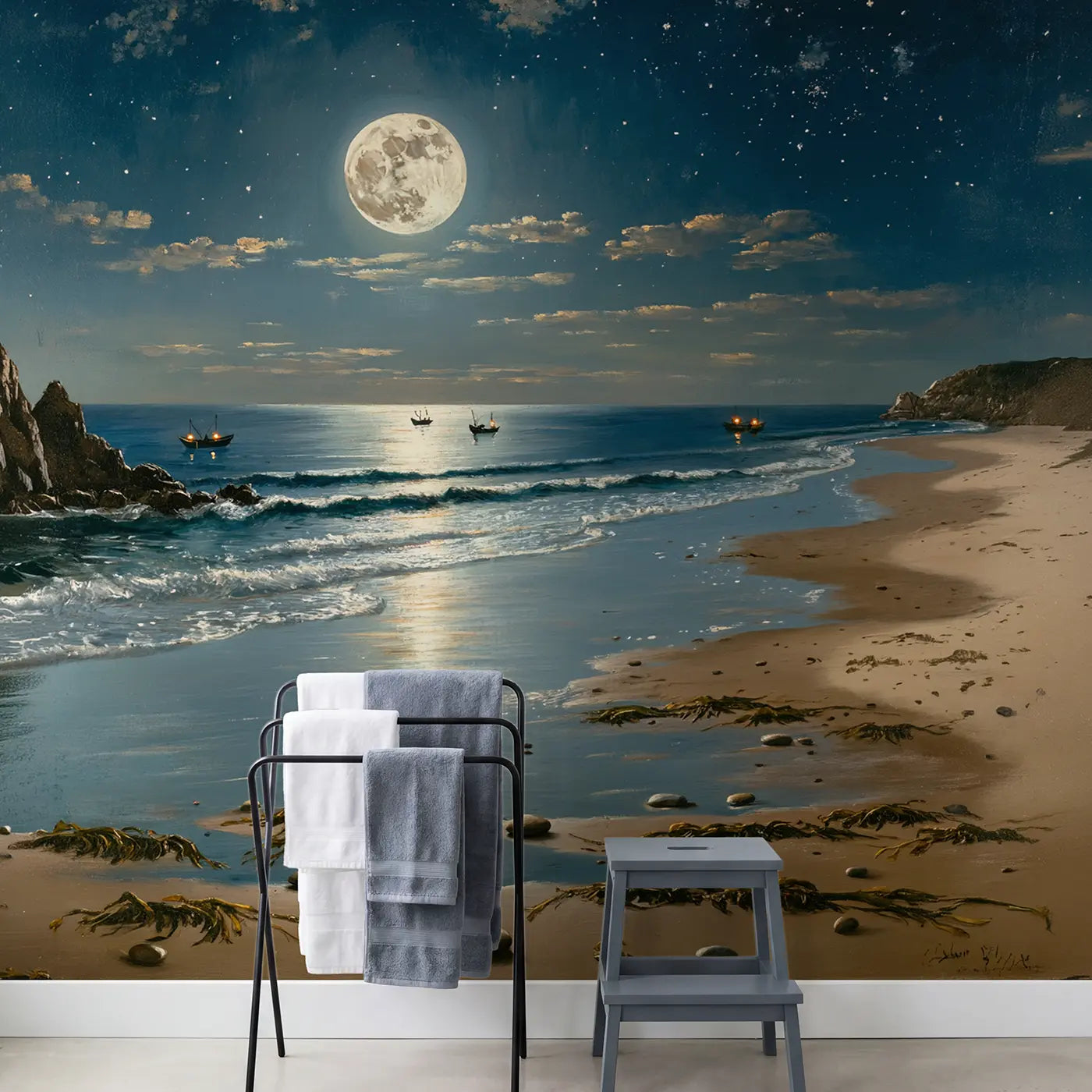 Silver Moon Ocean Wallpaper Mural in playroom setting by Whimsy Tots